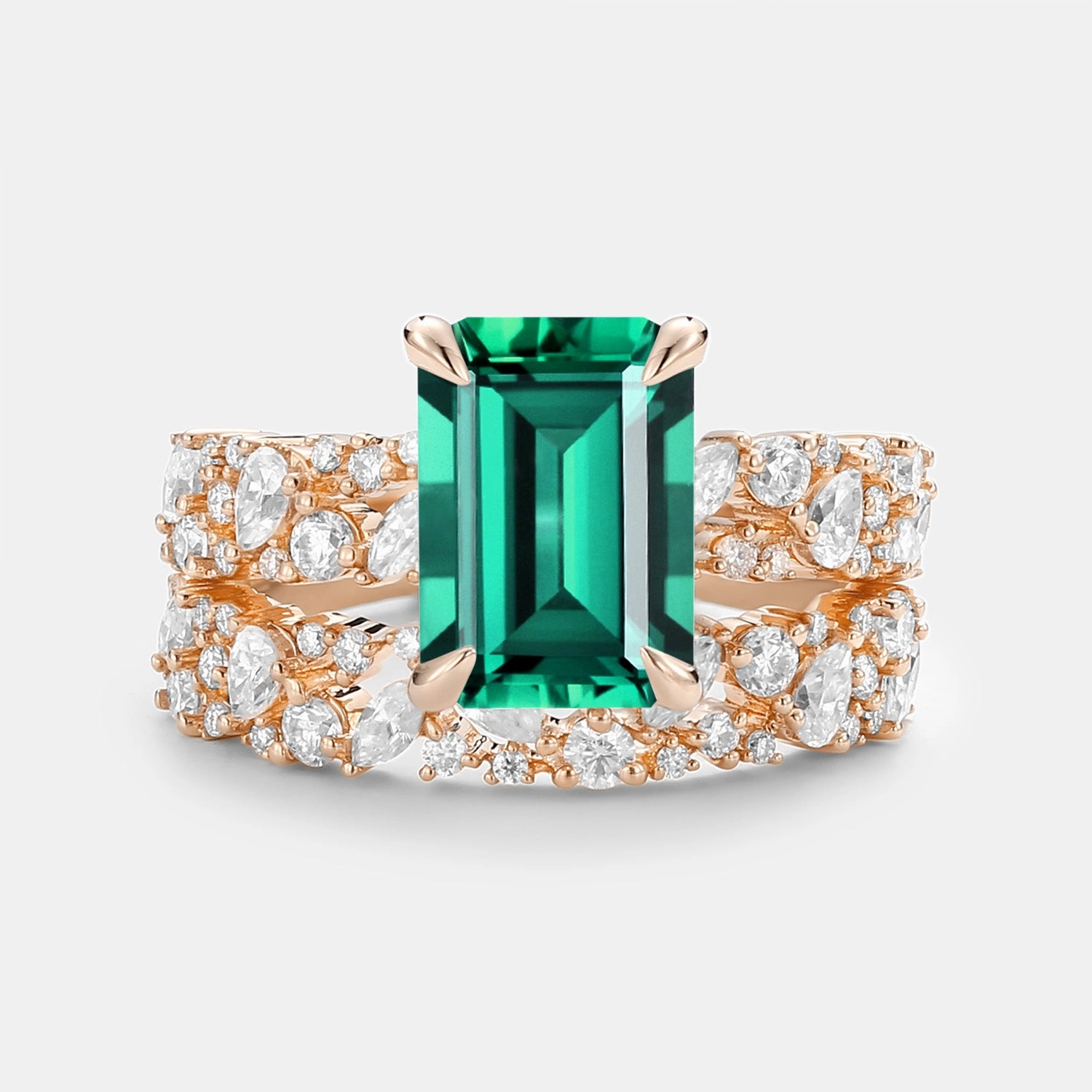 Emerald Cut Cluster Yellow Gold Ring Set 2pcs - Glyph Strong Design