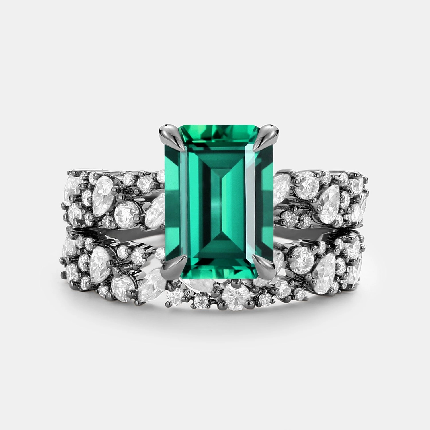 Emerald Cut Cluster Yellow Gold Ring Set 2pcs - Glyph Organic Design Bold Craft