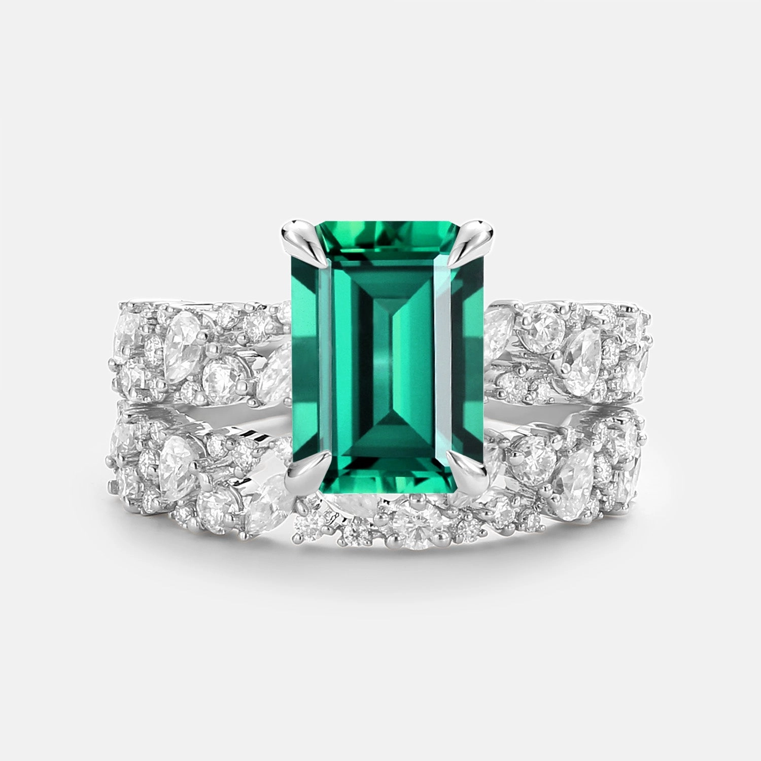 Stylish Expression Beautiful Symbol Emerald Cut Cluster Yellow Gold Ring Set 2pcs - Glyph