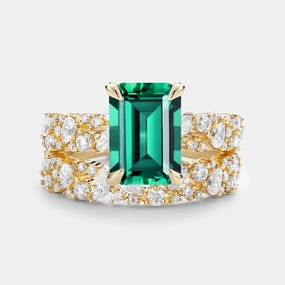 Emerald Cut Cluster Yellow Gold Ring Set 2pcs - Glyph Brilliant Gift Stylish Insignia