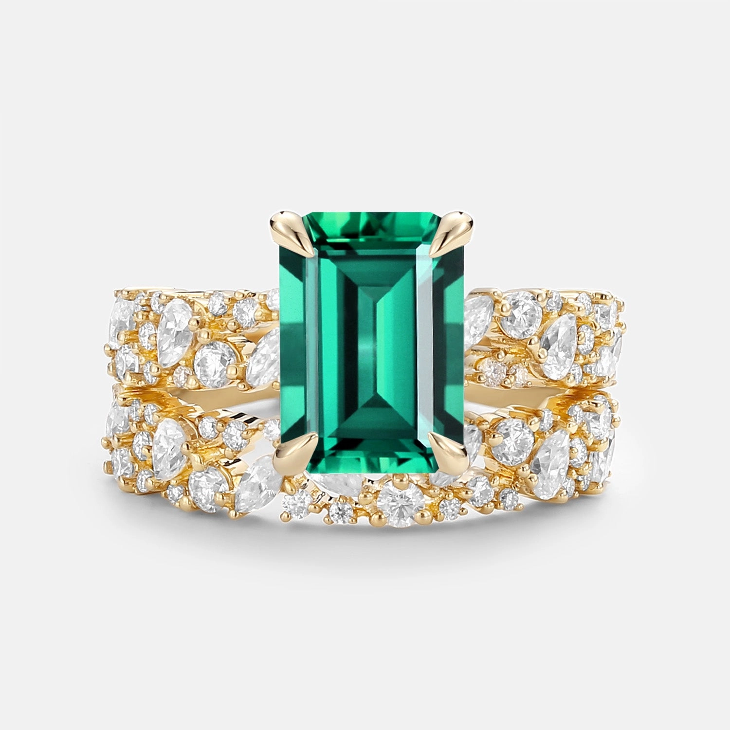 Emerald Cut Cluster Yellow Gold Ring Set 2pcs - Glyph Brilliant Gift Stylish Insignia