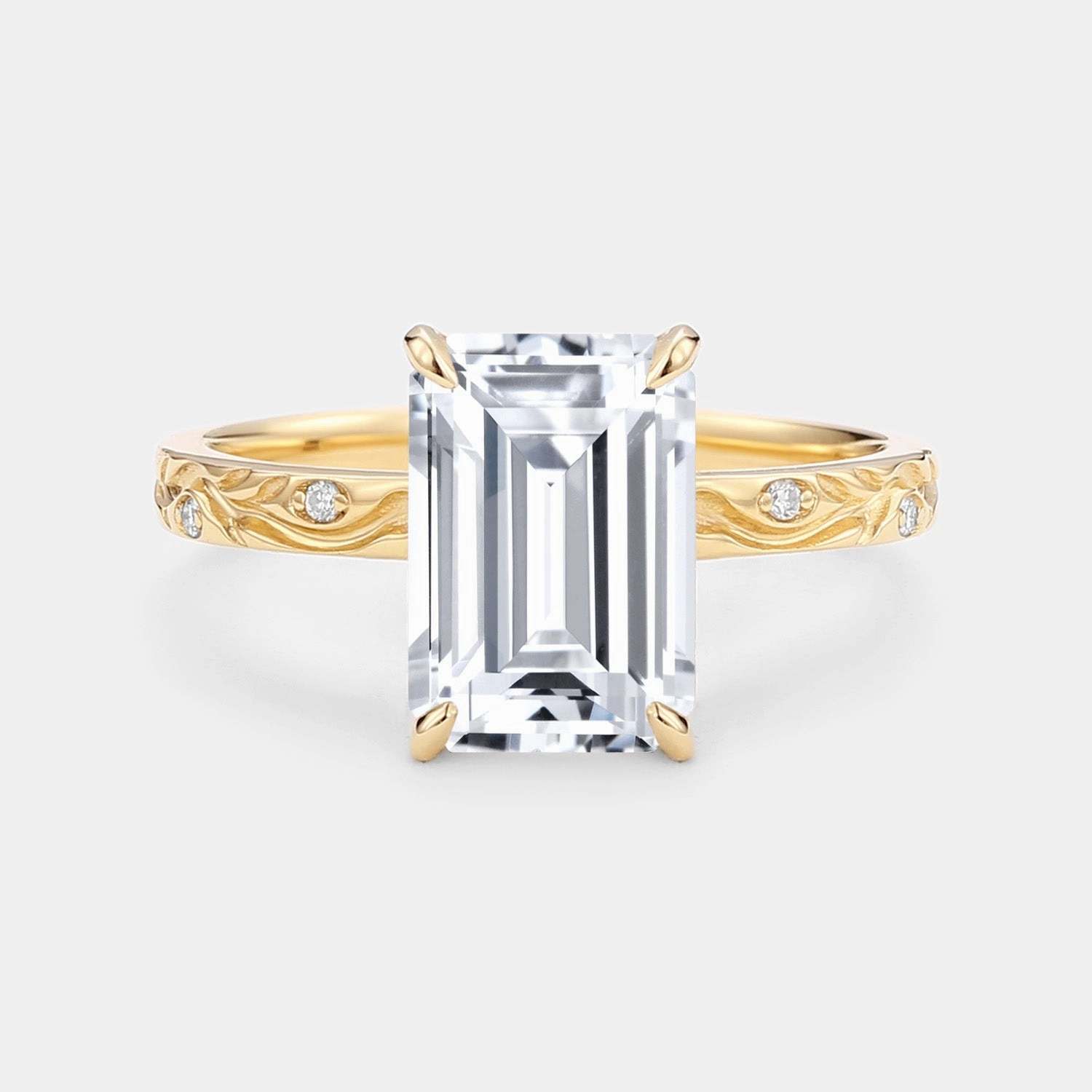 Emerald Cut Engraved Lab Grown Diamond Vintage Engagement Ring - Prism Traditional Work Modern Edge