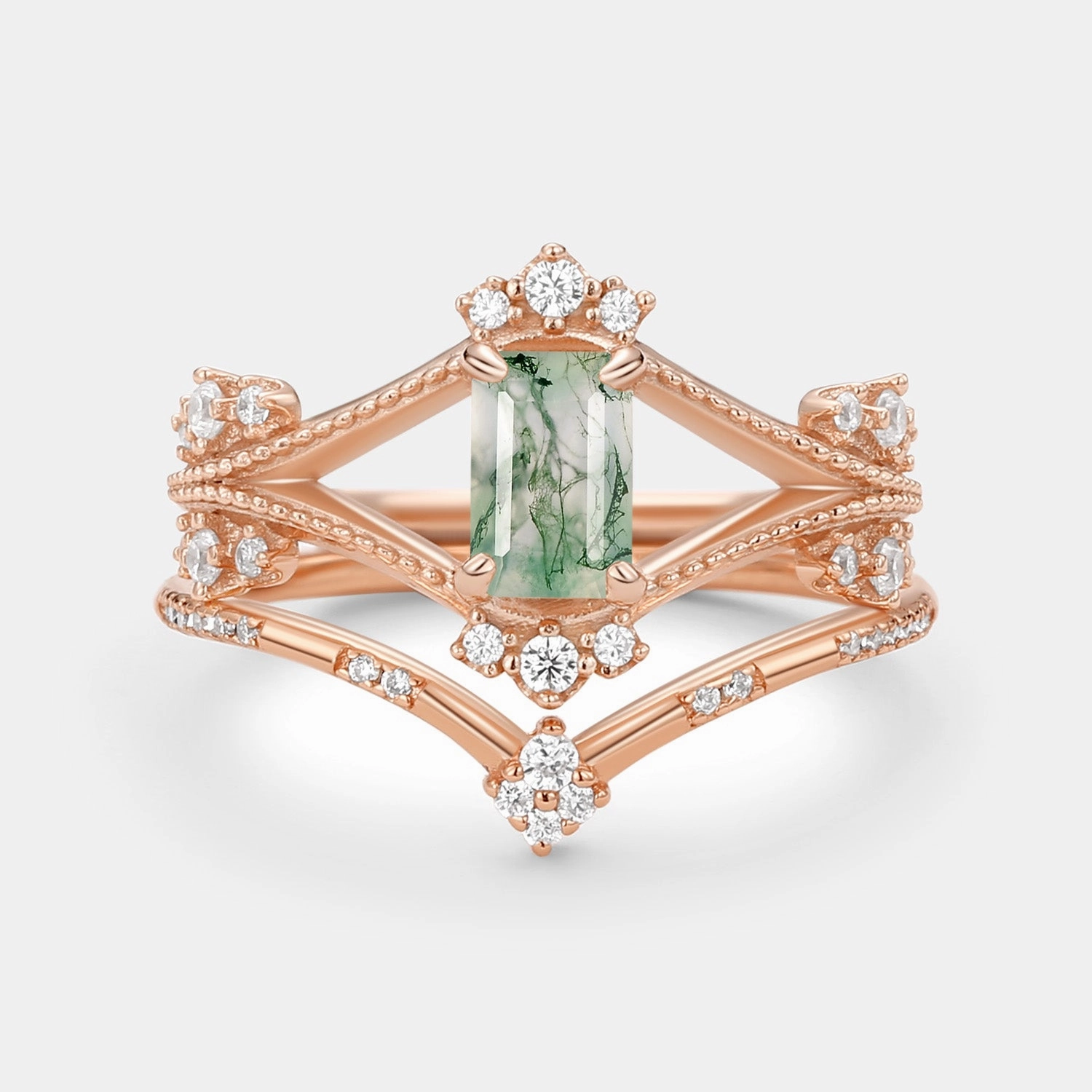 Gorgeous appearance Handcrafted Decoration Emerald Cut Green Moss Agate Unique Engagement Ring Set 2PCS