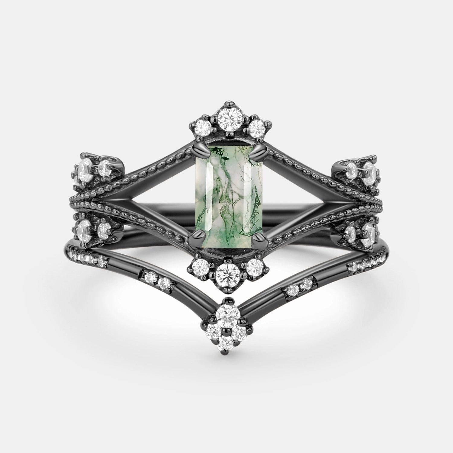 Secure Jewelry Amazing Craft Emerald Cut Green Moss Agate Unique Engagement Ring Set 2PCS