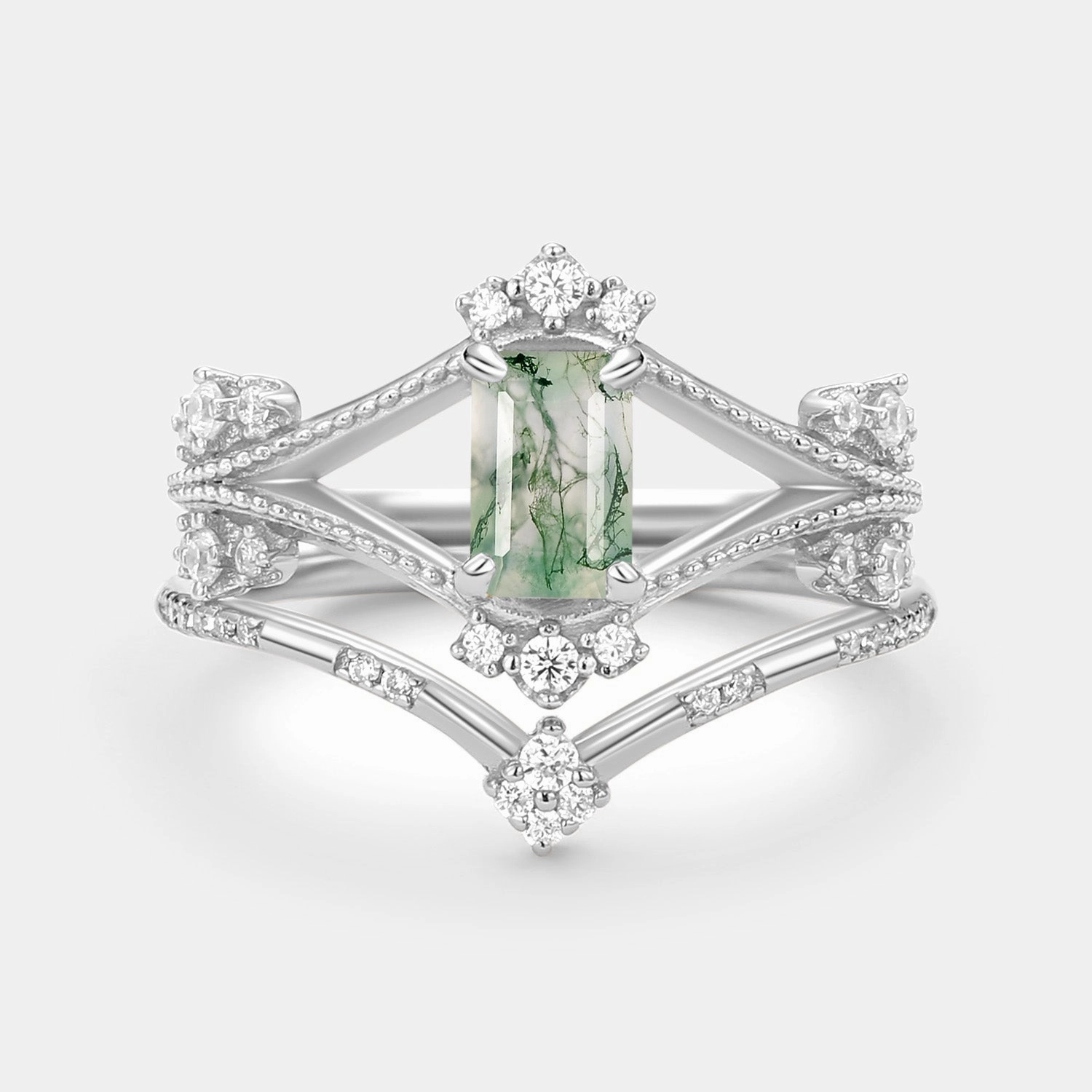 Everyday Look Emerald Cut Green Moss Agate Unique Engagement Ring Set 2PCS