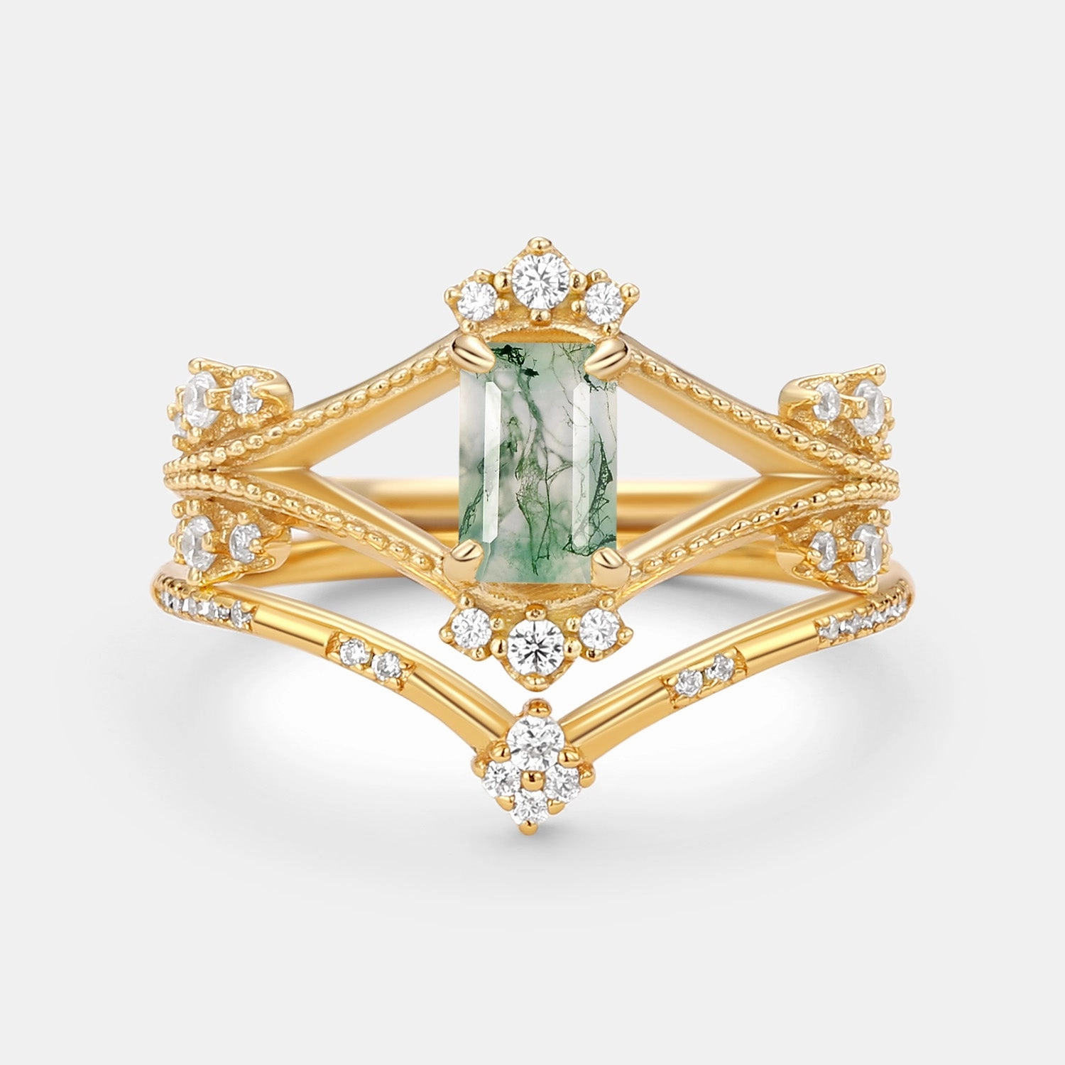 Emerald Cut Green Moss Agate Unique Engagement Ring Set 2PCS Personal Decoration