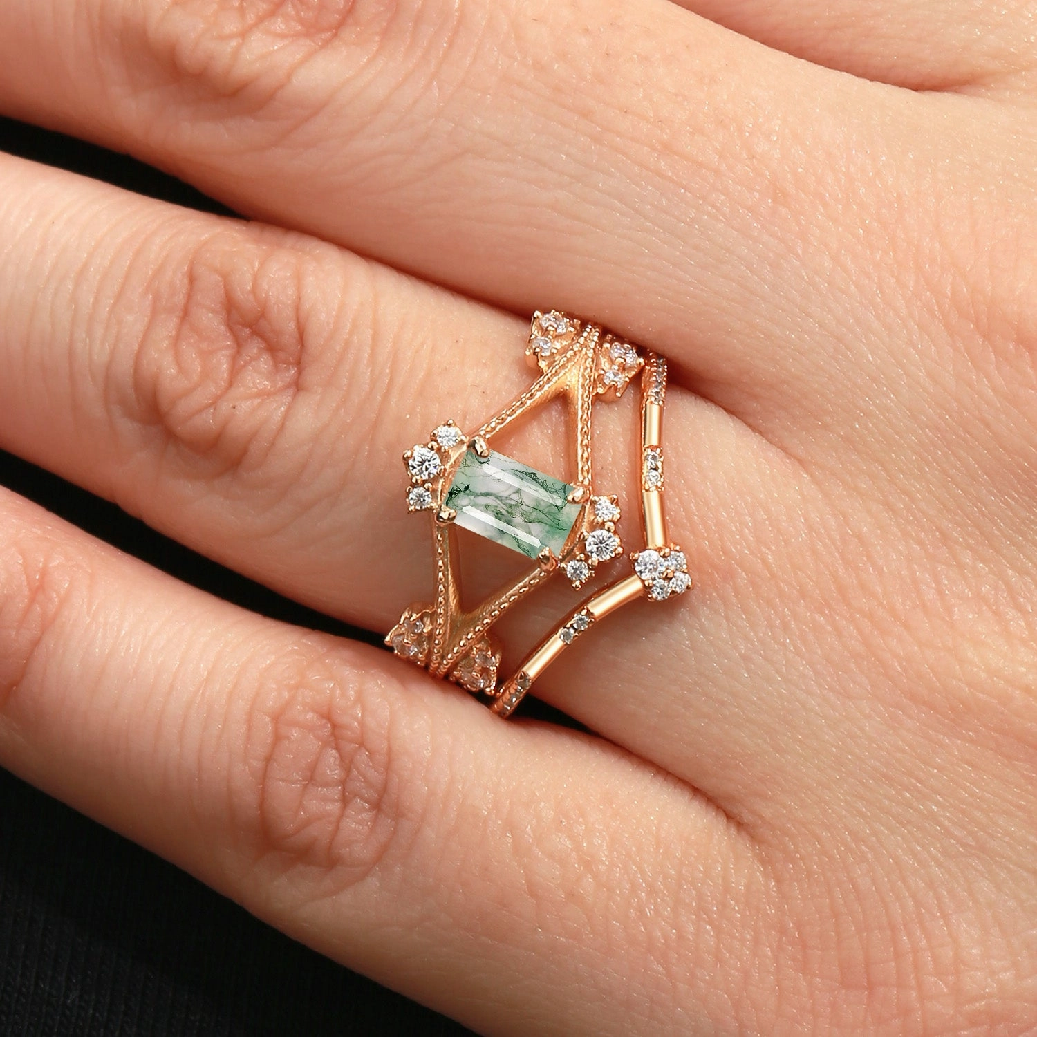 Emerald Cut Green Moss Agate Unique Engagement Ring Set 2PCS Structured Accent Luxe Glow