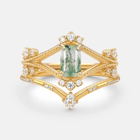 Sophisticated Pieces Modern Contour Emerald Cut Green Moss Agate Unique Engagement Ring Set 2PCS