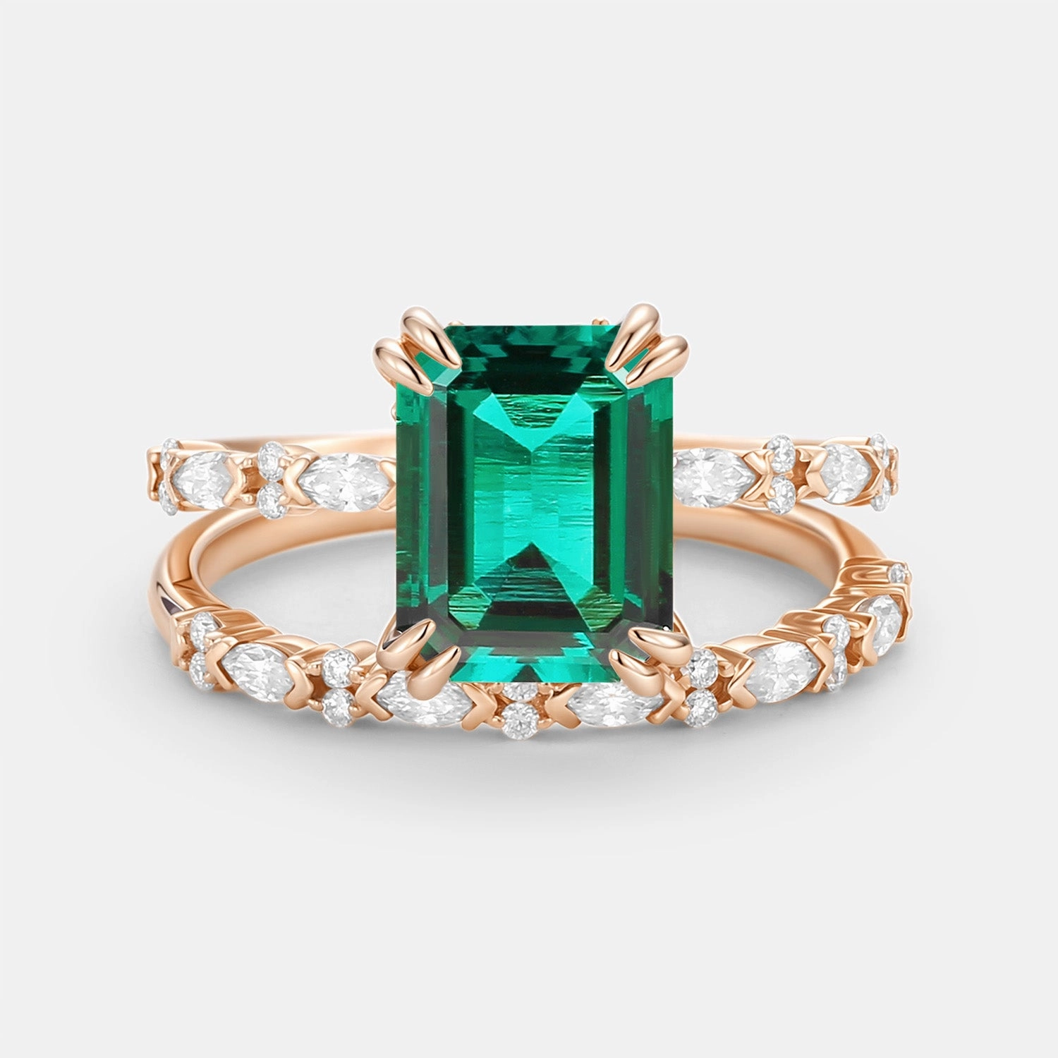 Emerald Cut Lab Emerald Classic Gold Ring Set 2pcs Brilliant Design