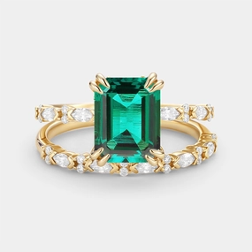 Simple Sign Delicate Vibe Emerald Cut Lab Emerald Classic Gold Ring Set 2pcs