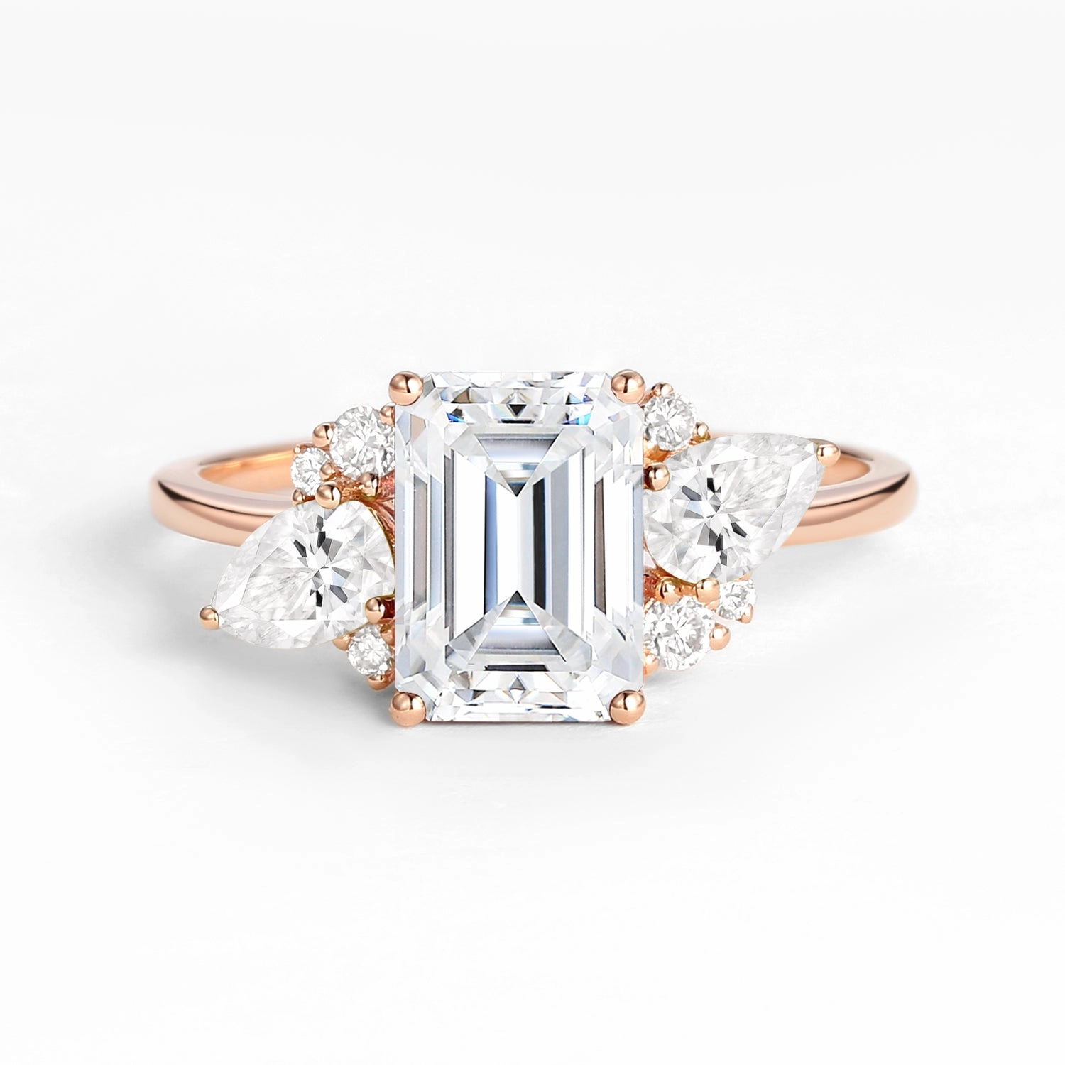 Emerald Cut Moissanite Double Pear Engagement Ring Fashionable Detail Luxurious Shine