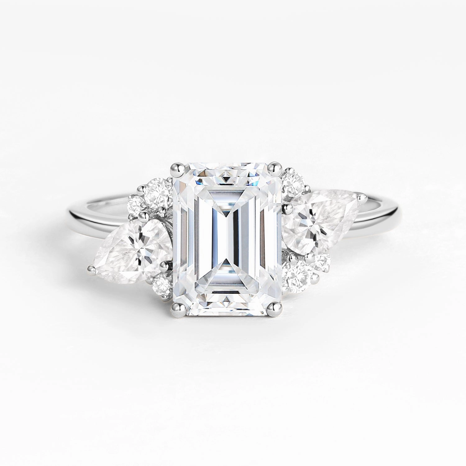 Multi Purpose Emerald Cut Moissanite Double Pear Engagement Ring