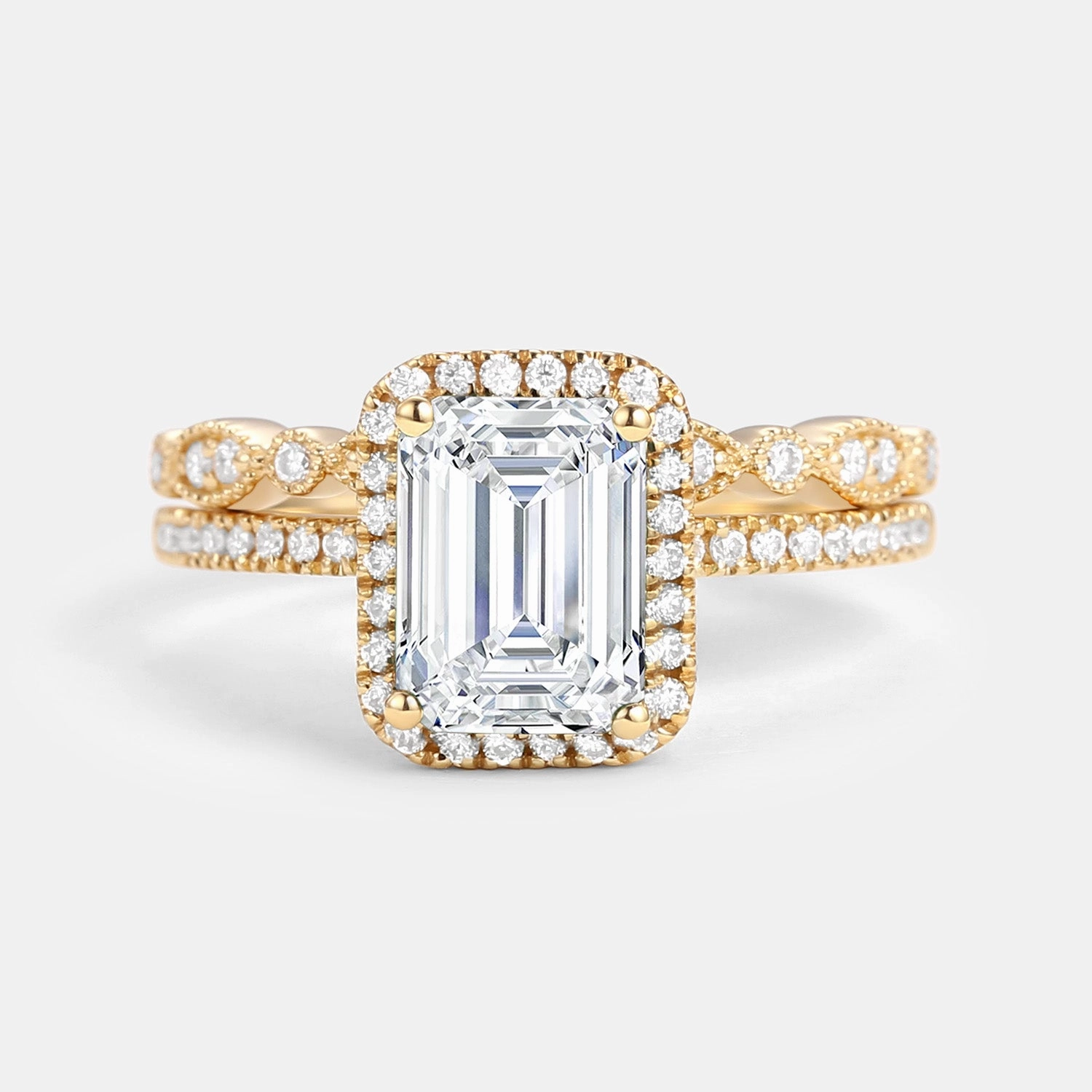 Emerald Cut Moissanite Halo Gold Ring Set 2pcs Neutral Vibe Luxury Vibe