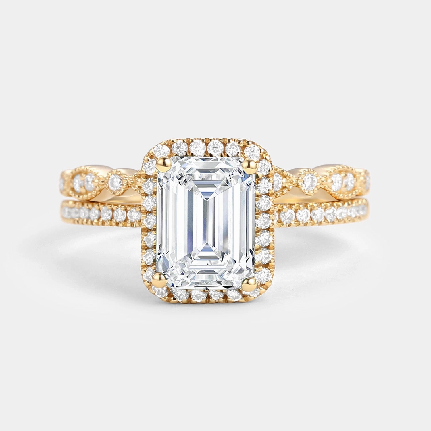 Emerald Cut Moissanite Halo Gold Ring Set 2pcs Understated Elegance Triangular Pattern