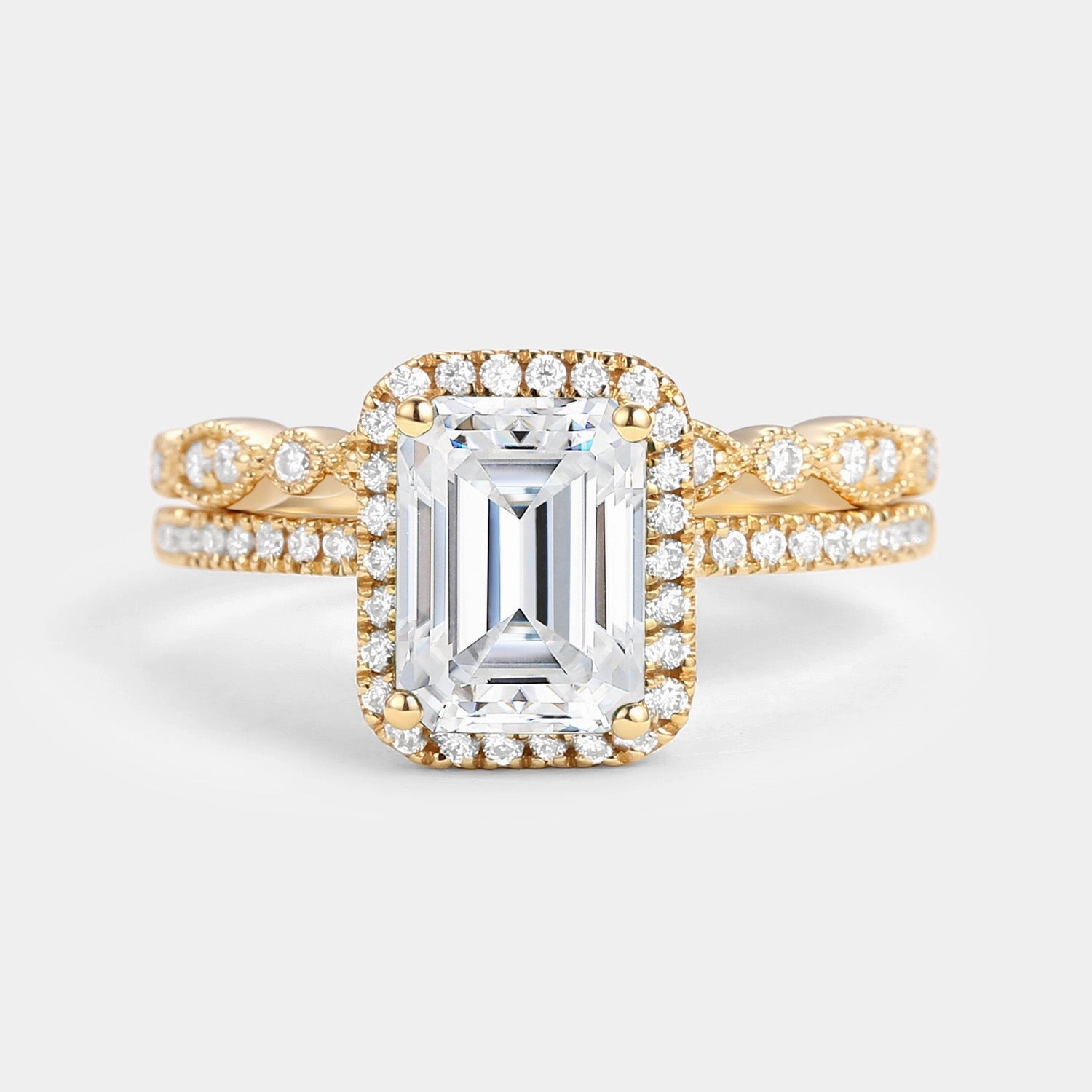 Durable Design Graceful Accent Emerald Cut Moissanite Halo Gold Ring Set 2pcs