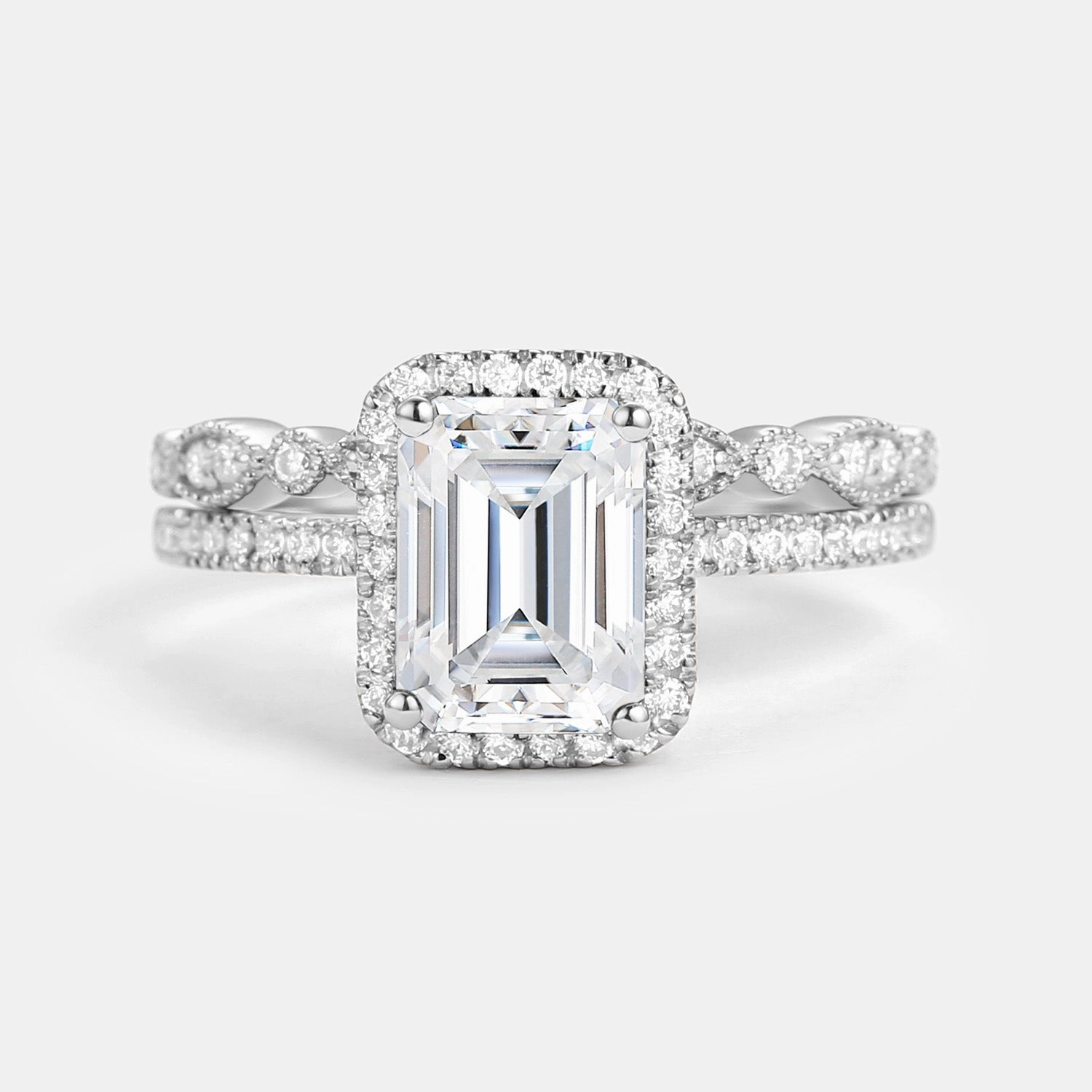 Emerald Cut Moissanite Halo Gold Ring Set 2pcs Natural Spark Gloss Appeal