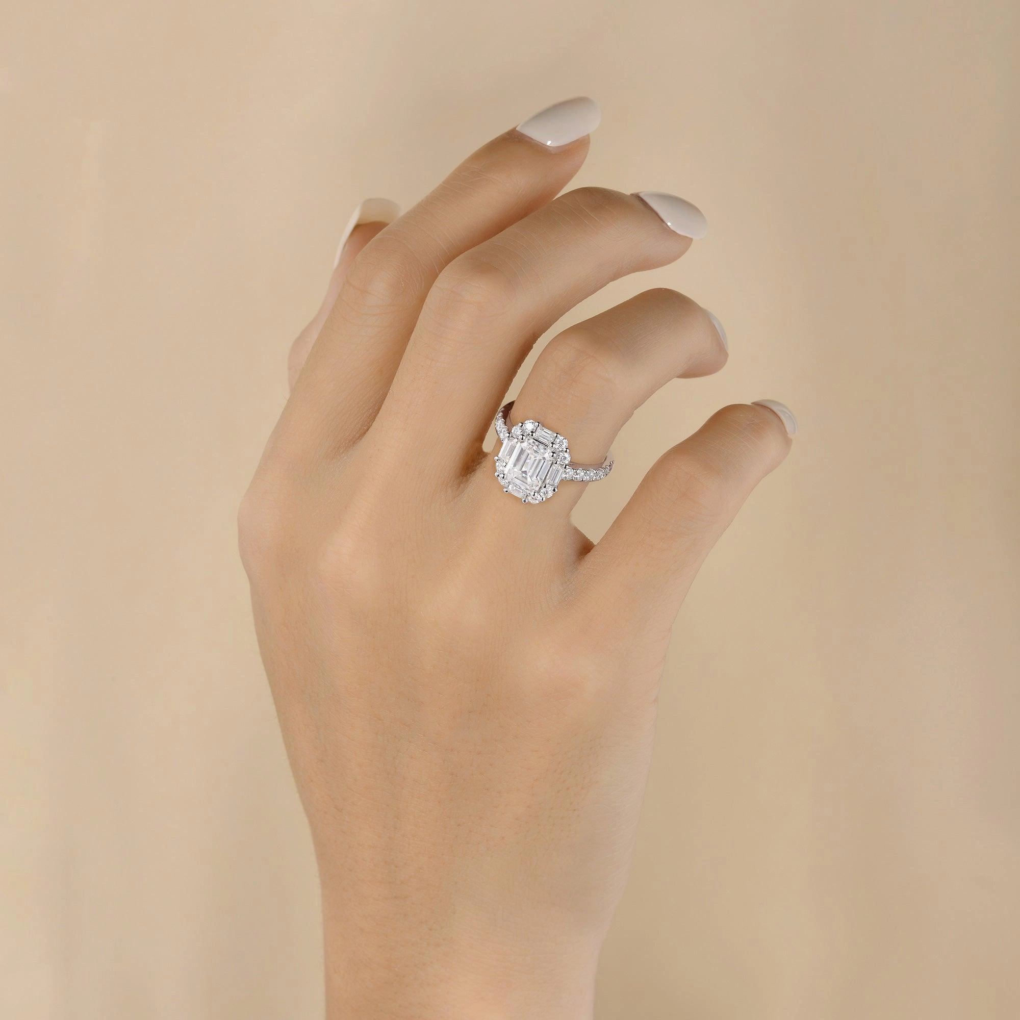 Sleek Design Emerald Cut Moissanite Vintage Inspired White Gold Ring