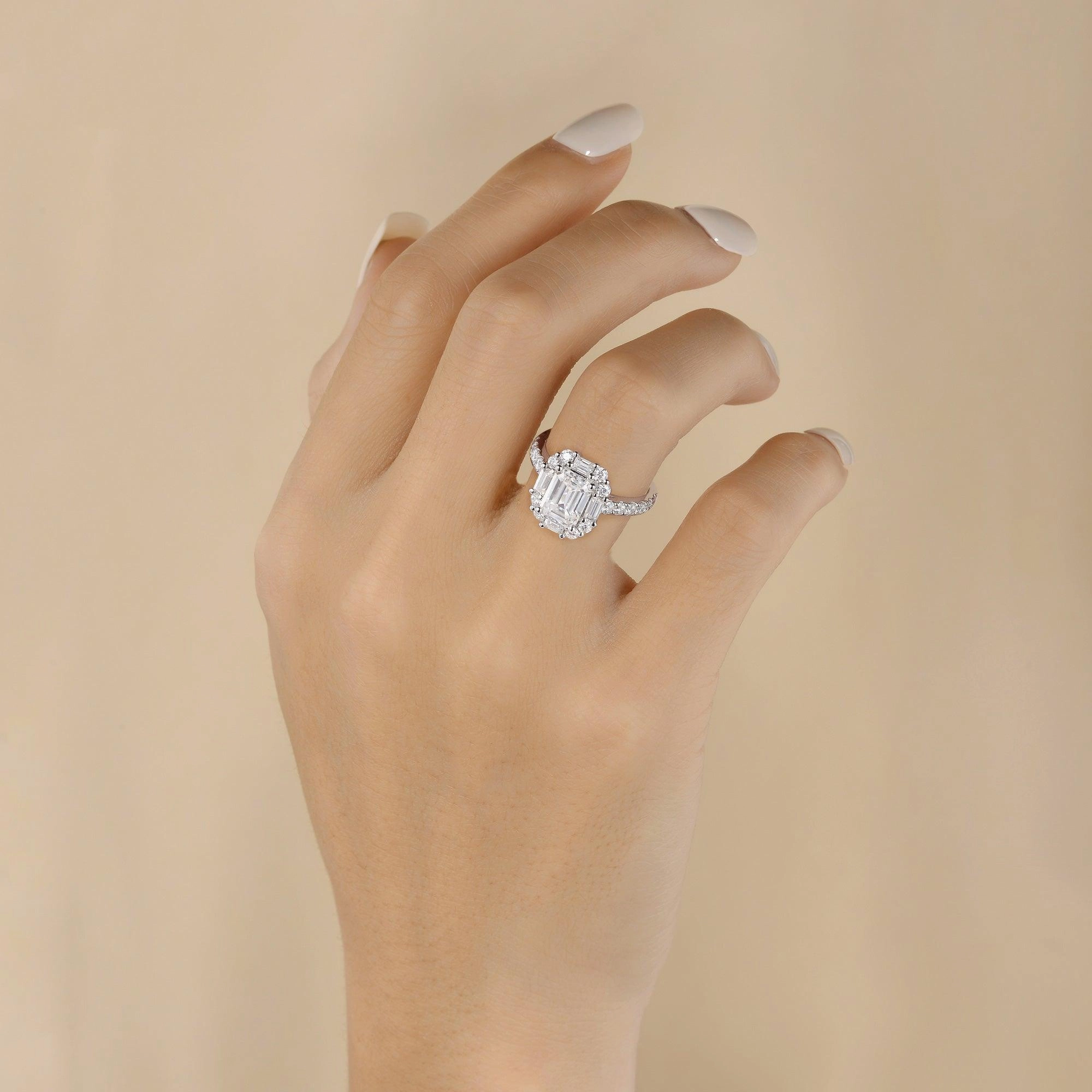 Artisan Edge Emerald Cut Moissanite Vintage Inspired White Gold Ring