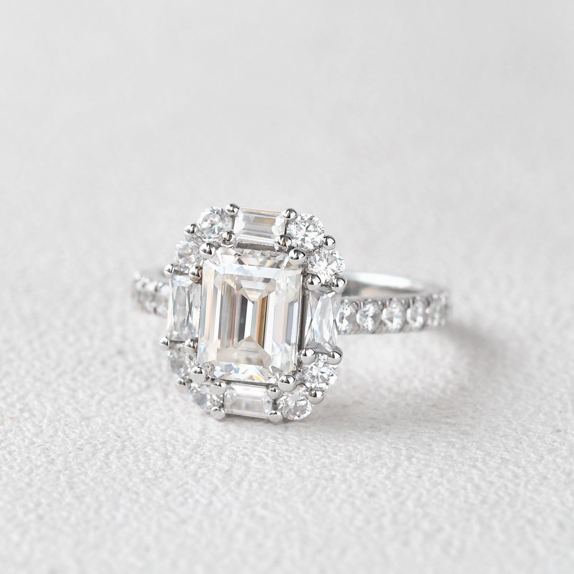 Sophisticated Element Emerald Cut Moissanite Vintage Inspired White Gold Ring