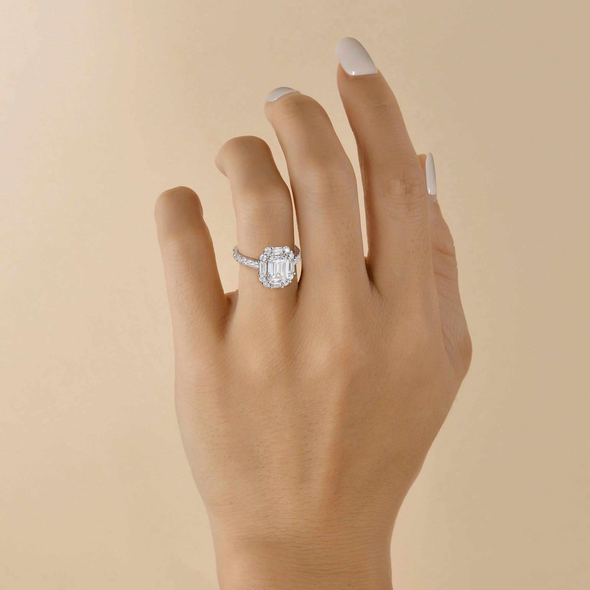 Emerald Cut Moissanite Vintage Inspired White Gold Ring Easy Clean