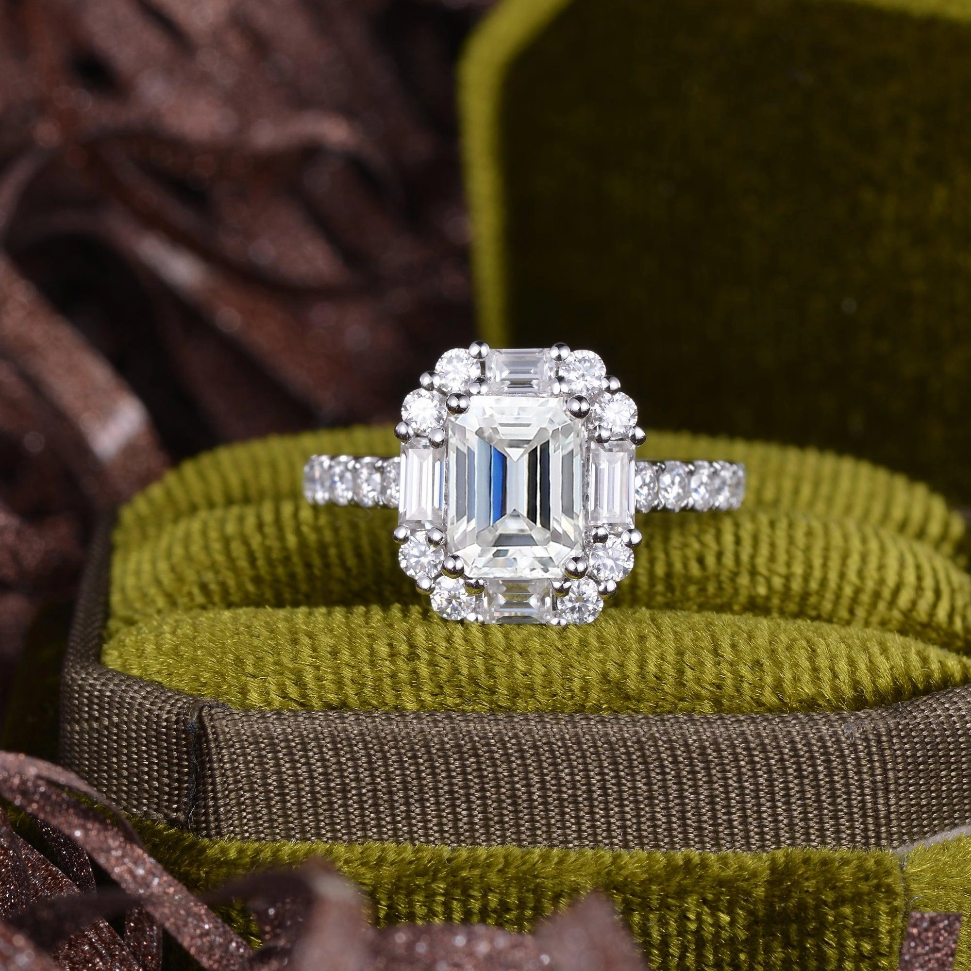 Emerald Cut Moissanite Vintage Inspired White Gold Ring Understated Touch Sparkling Decoration