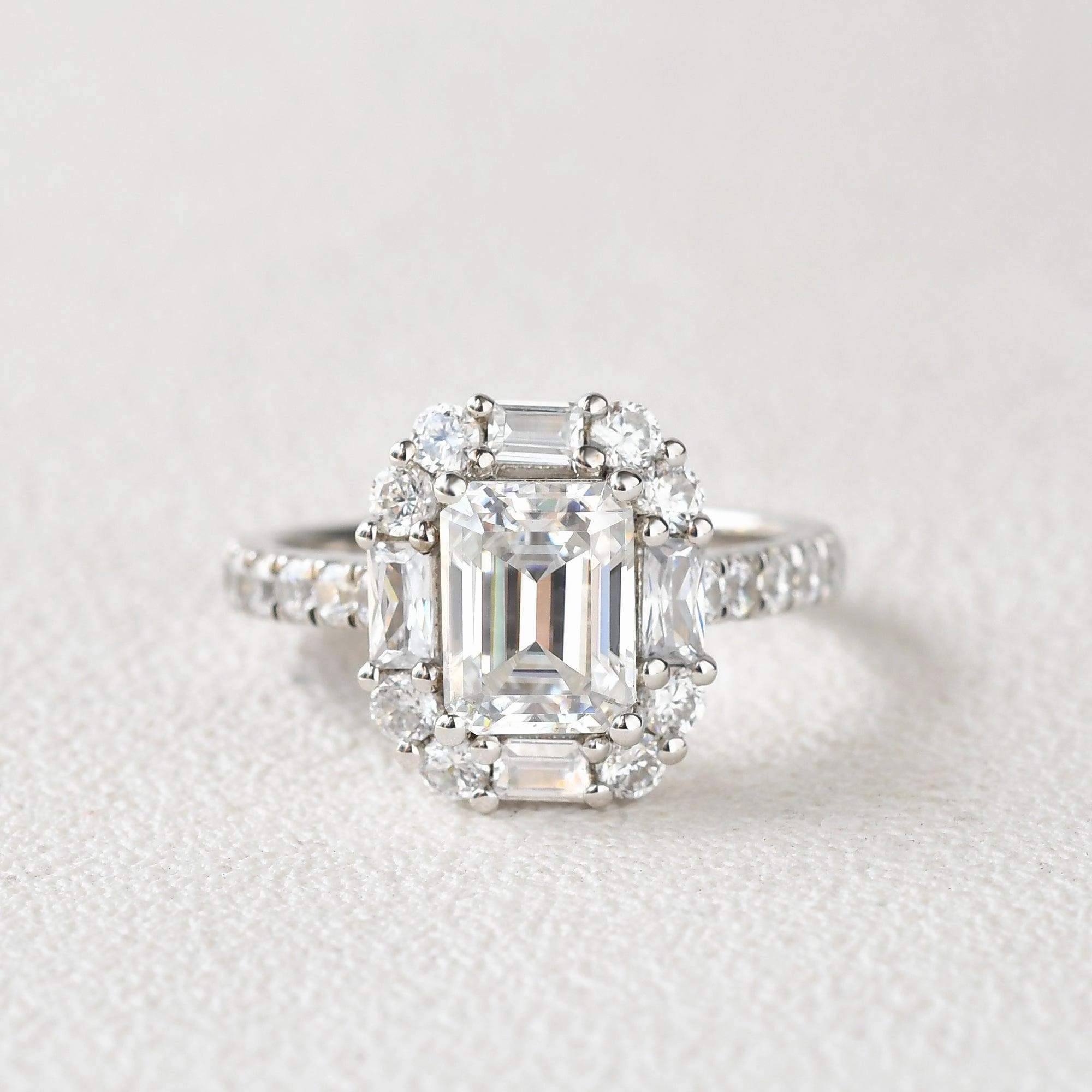 Emerald Cut Moissanite Vintage Inspired White Gold Ring Office Accessory Delicate Vibe
