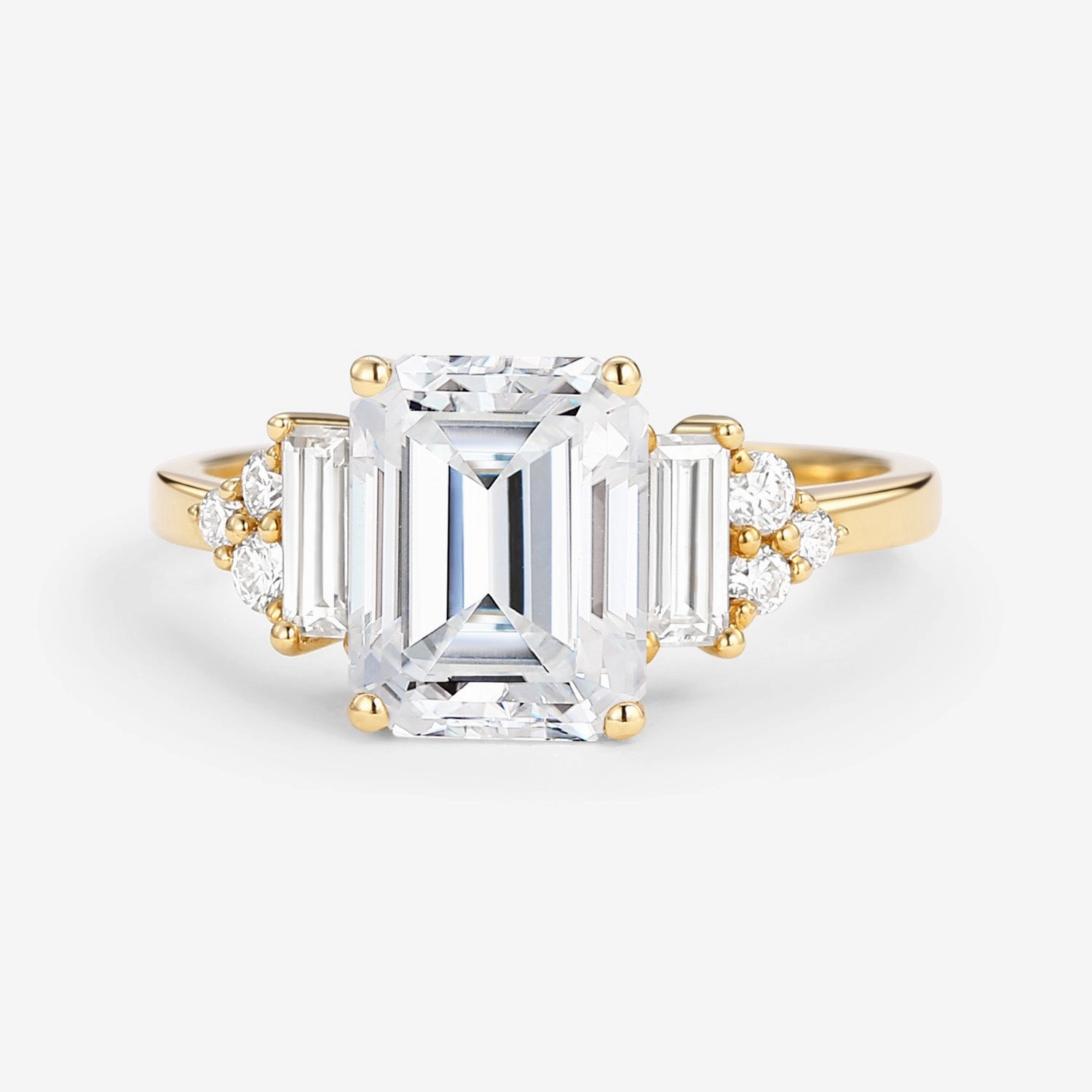 Lustrous Form Emerald Cut Moissanite Vintage Three-stone Engagement Ring