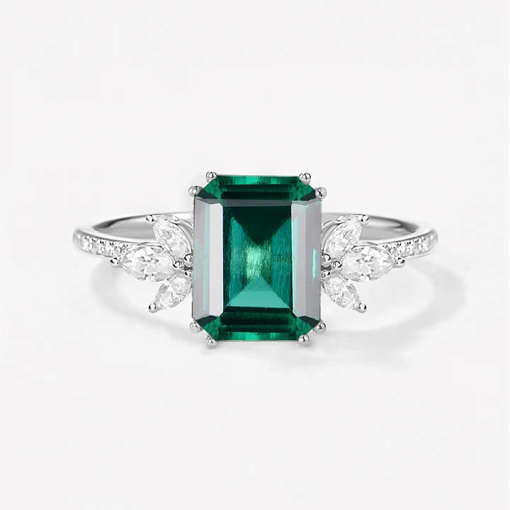 Creative Glance Classy Accent Emerald Cut Moss Agate & Moissanite Gold Cluster Engagement Ring