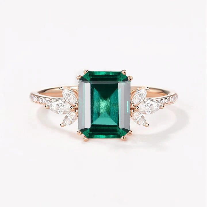 Emerald Cut Moss Agate & Moissanite Gold Cluster Engagement Ring Event Favorite