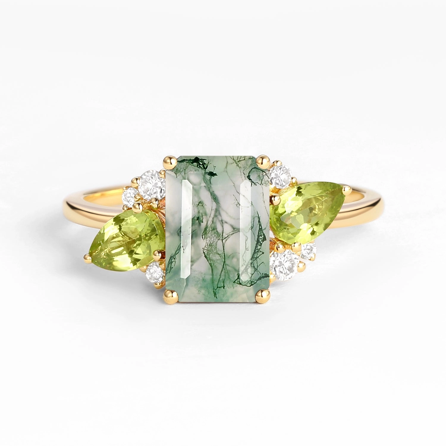 Emerald Cut Moss Agate Double Pear Peridot Engagement Ring Global Sizing