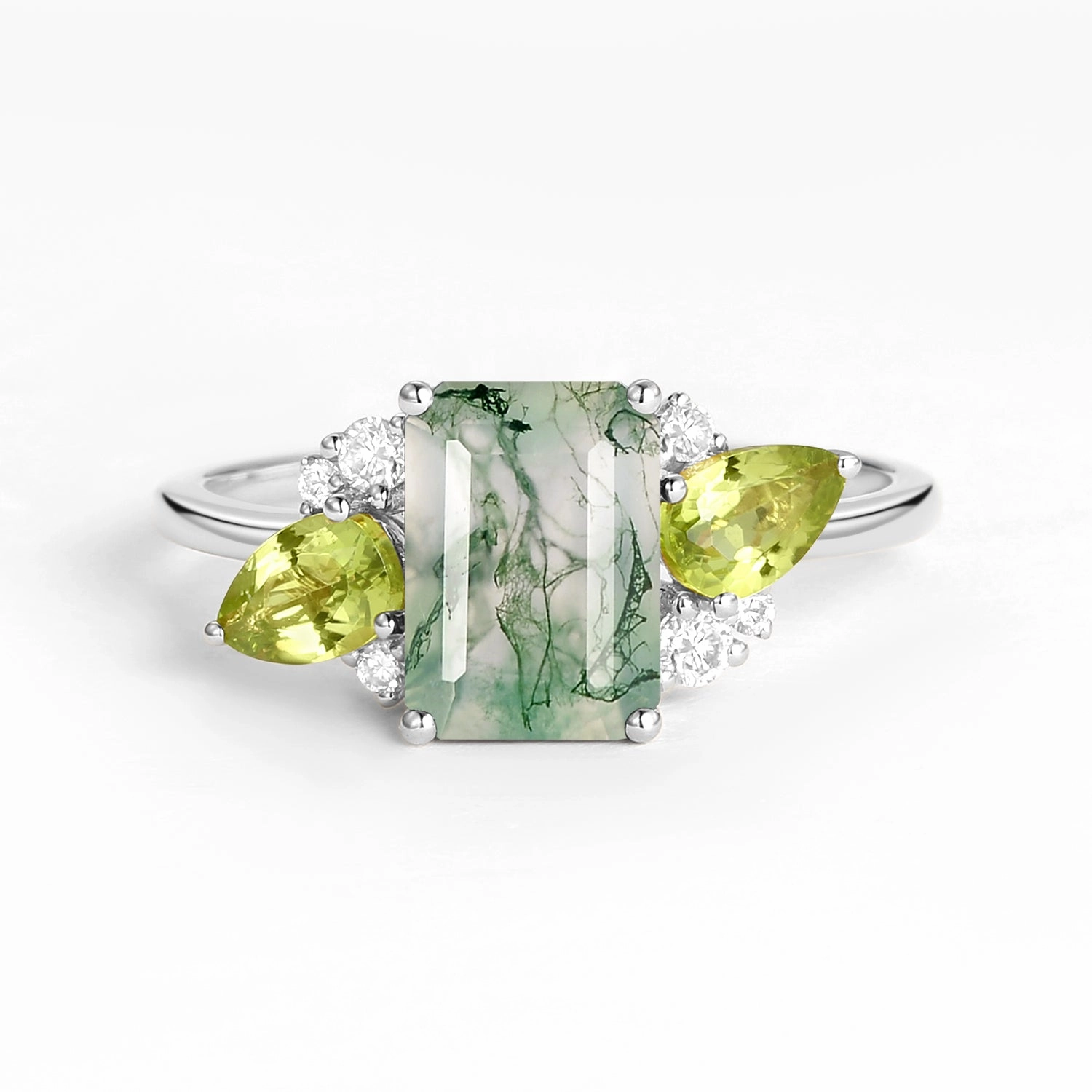 Sparkle Finish Emerald Cut Moss Agate Double Pear Peridot Engagement Ring