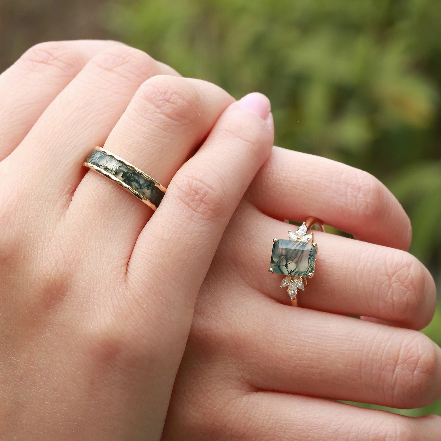 Fantastic Ornament Meaningful Article Emerald Cut Moss Agate Yellow Gold Couple Ring Set 2pcs