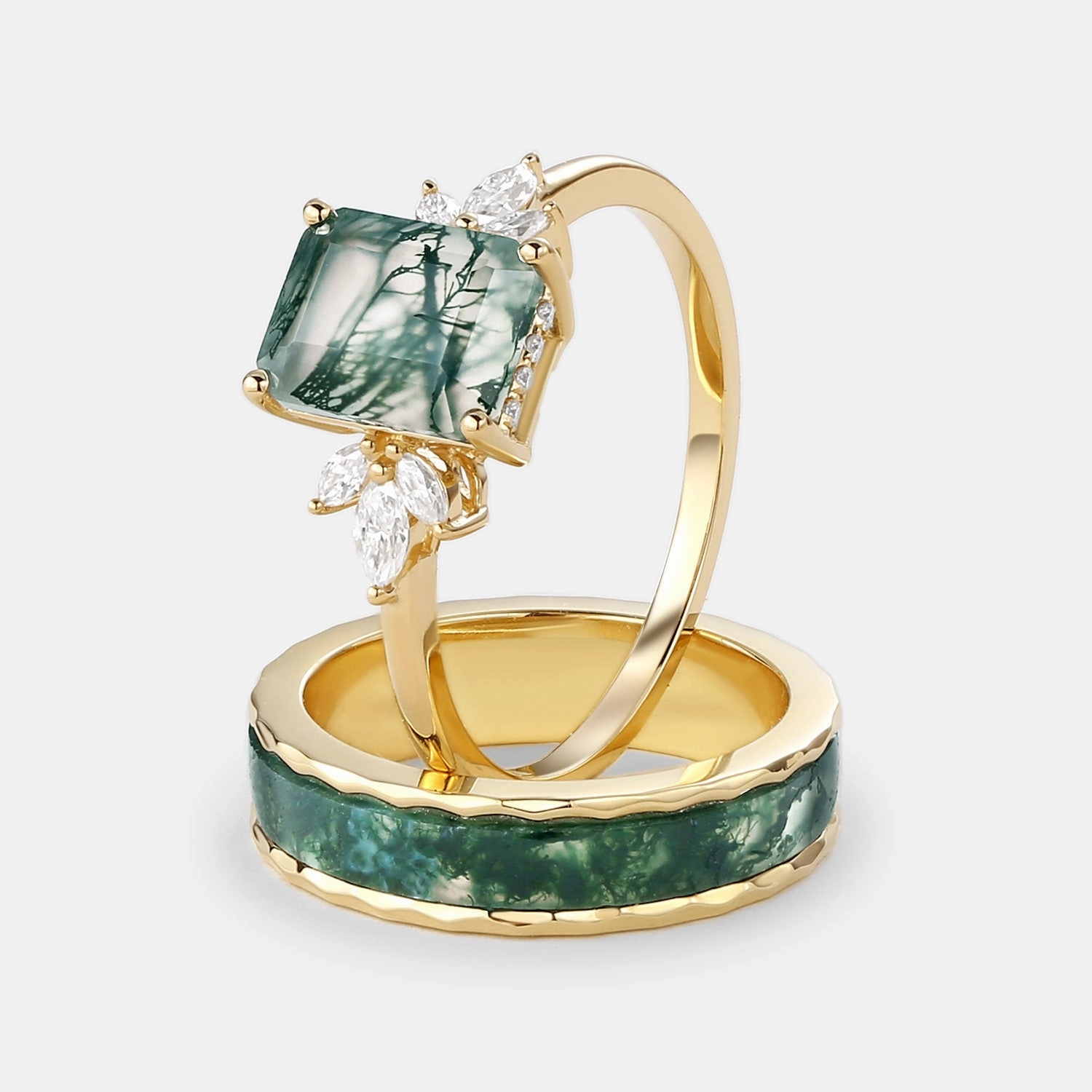 Emerald Cut Moss Agate Yellow Gold Couple Ring Set 2pcs Glossy Detail