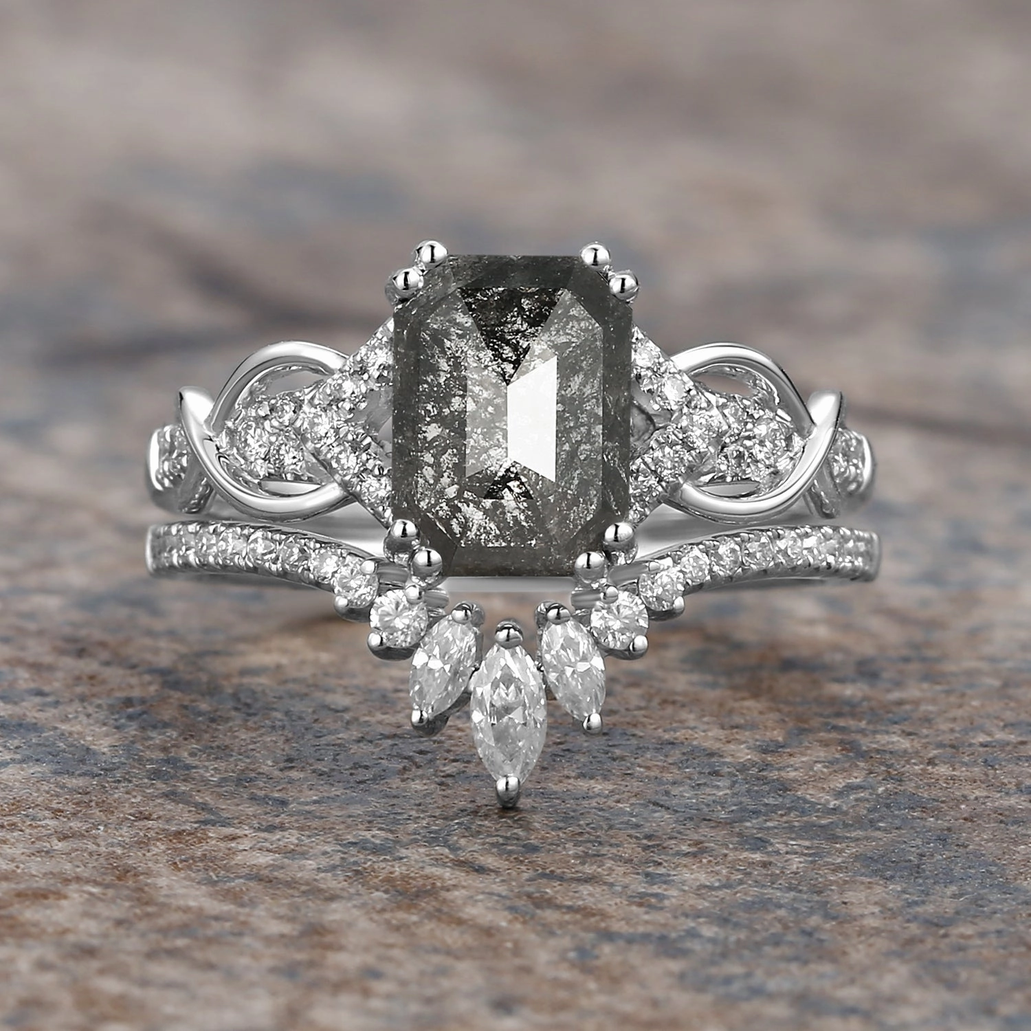 Simple Accent Emerald Cut Salt and Pepper Diamonds Infinity Gold Engagement Ring Set 2pcs