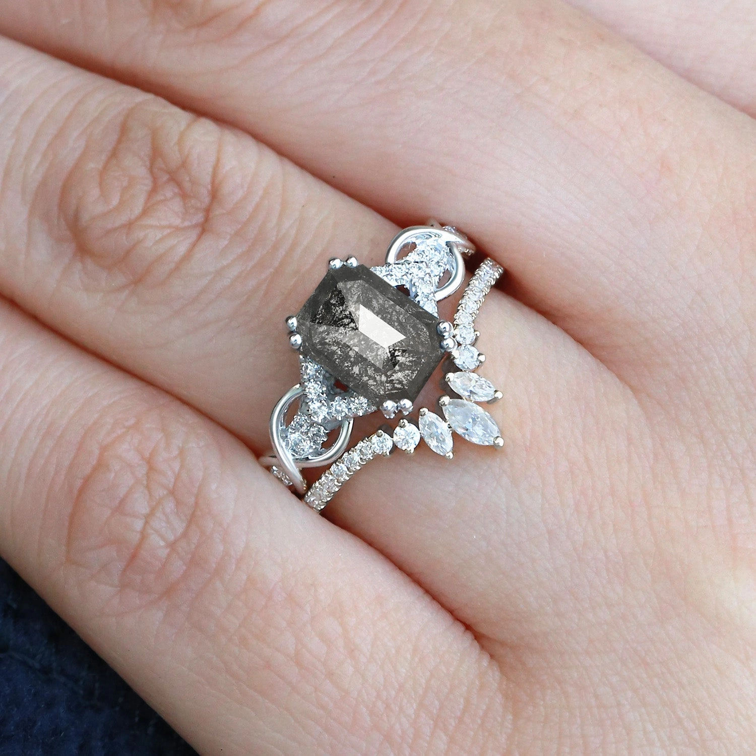 Emerald Cut Salt and Pepper Diamonds Infinity Gold Engagement Ring Set 2pcs Lightweight Glam Studio Light