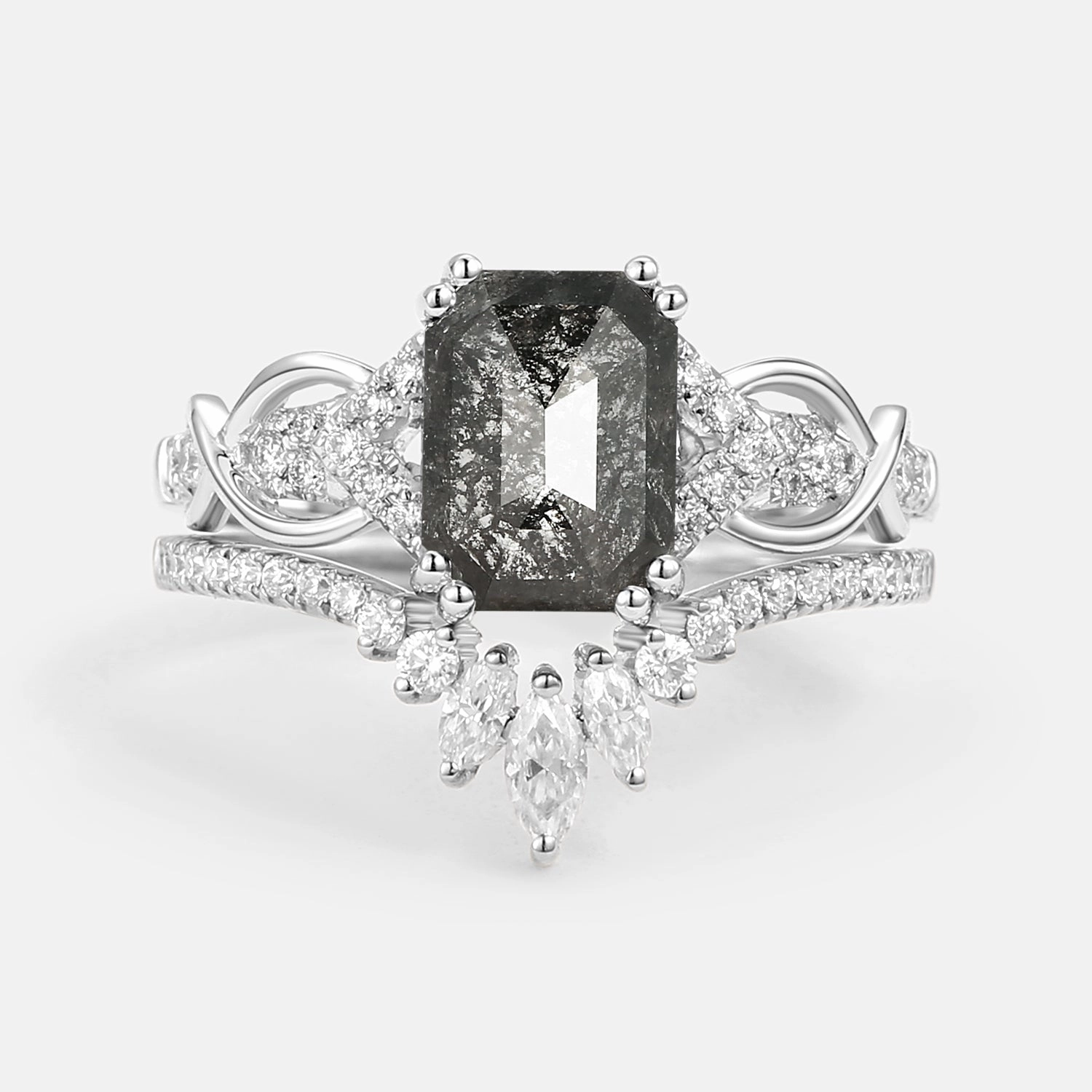 Glow Look Finest Touch Emerald Cut Salt and Pepper Diamonds Infinity Gold Engagement Ring Set 2pcs