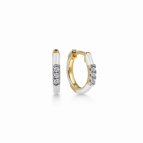 Enamel - 14K Yellow Gold Diamond Huggie with White Enamel Evergreen style