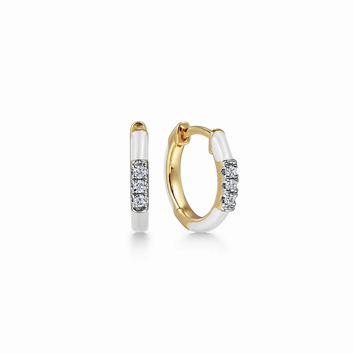 Enamel - 14K Yellow Gold Diamond Huggie with White Enamel Evergreen style