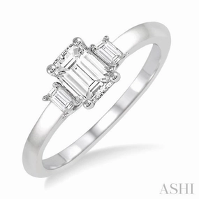 HighEnd Craft Contemporary Ornament 5/8 ctw Emerald and Baguette Diamond Engagement Ring with 1/2 ct Emerald cut Center Stone in 14K White Gold