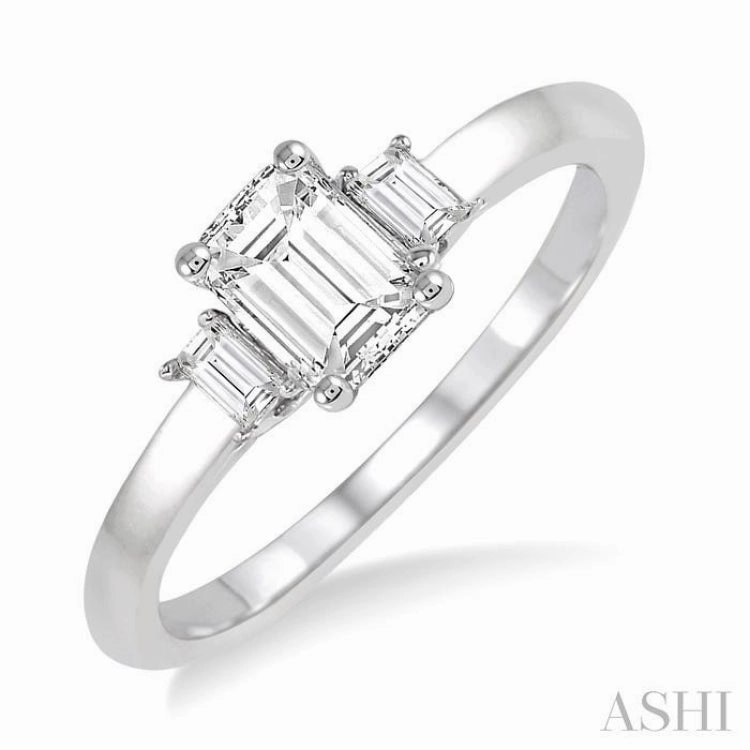 HighEnd Craft Contemporary Ornament 5/8 ctw Emerald and Baguette Diamond Engagement Ring with 1/2 ct Emerald cut Center Stone in 14K White Gold