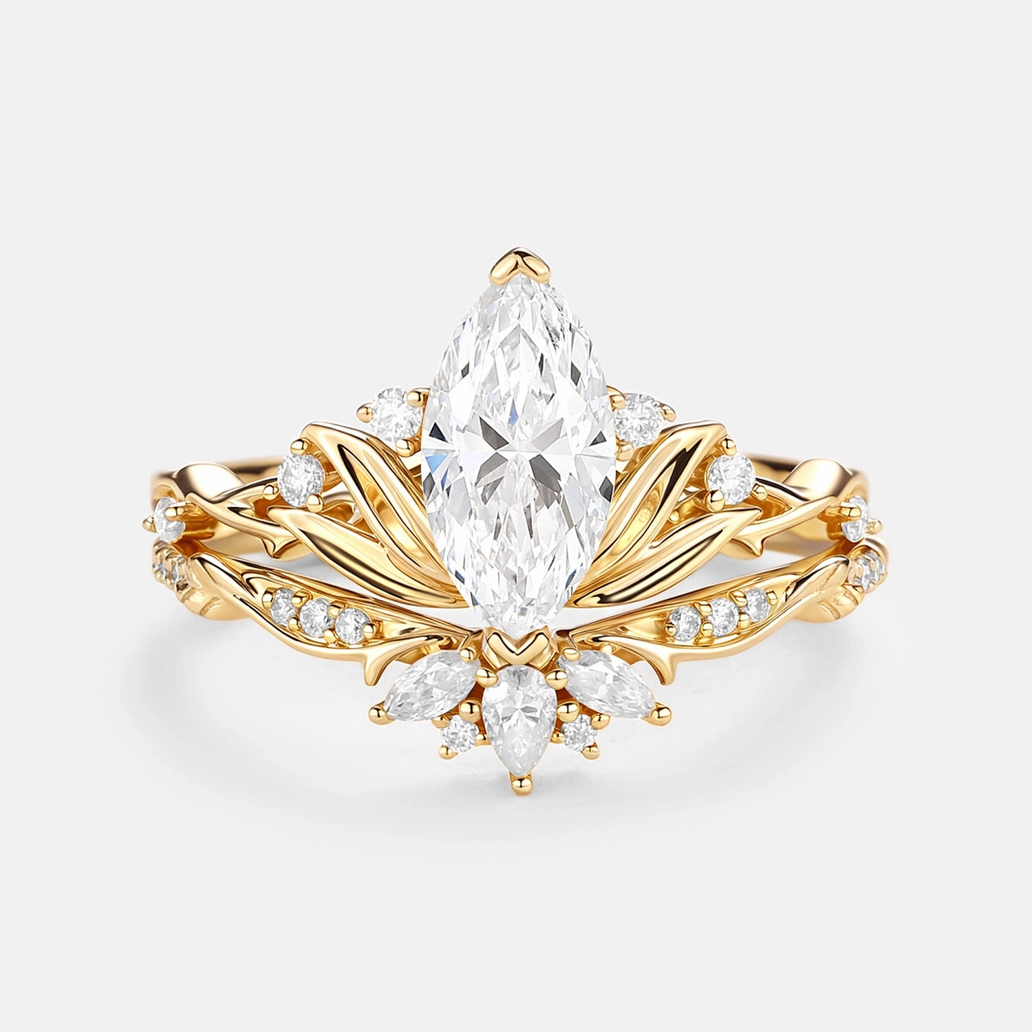 Petite Present Lotus Flower Lab Grown Diamond Engagement Ring Sets 2pcs - Padmara