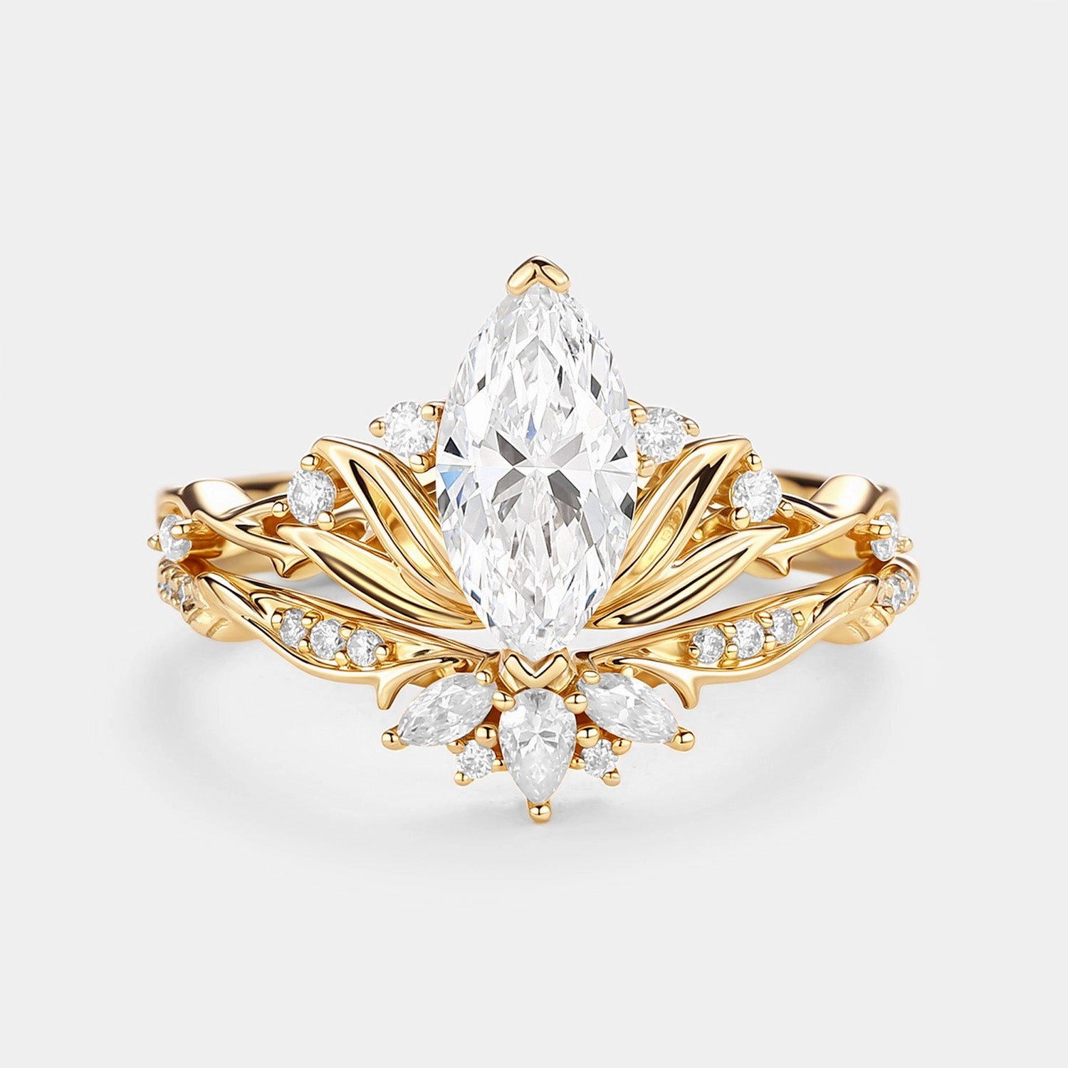 Lotus Flower Lab Grown Diamond Engagement Ring Sets 2pcs - Padmara Romantic Adornment Refined Balance