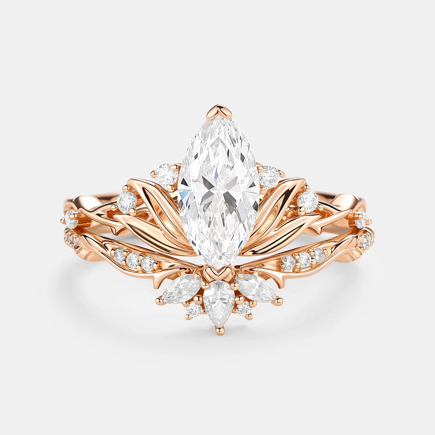 Effortless Look Lotus Flower Lab Grown Diamond Engagement Ring Sets 2pcs - Padmara