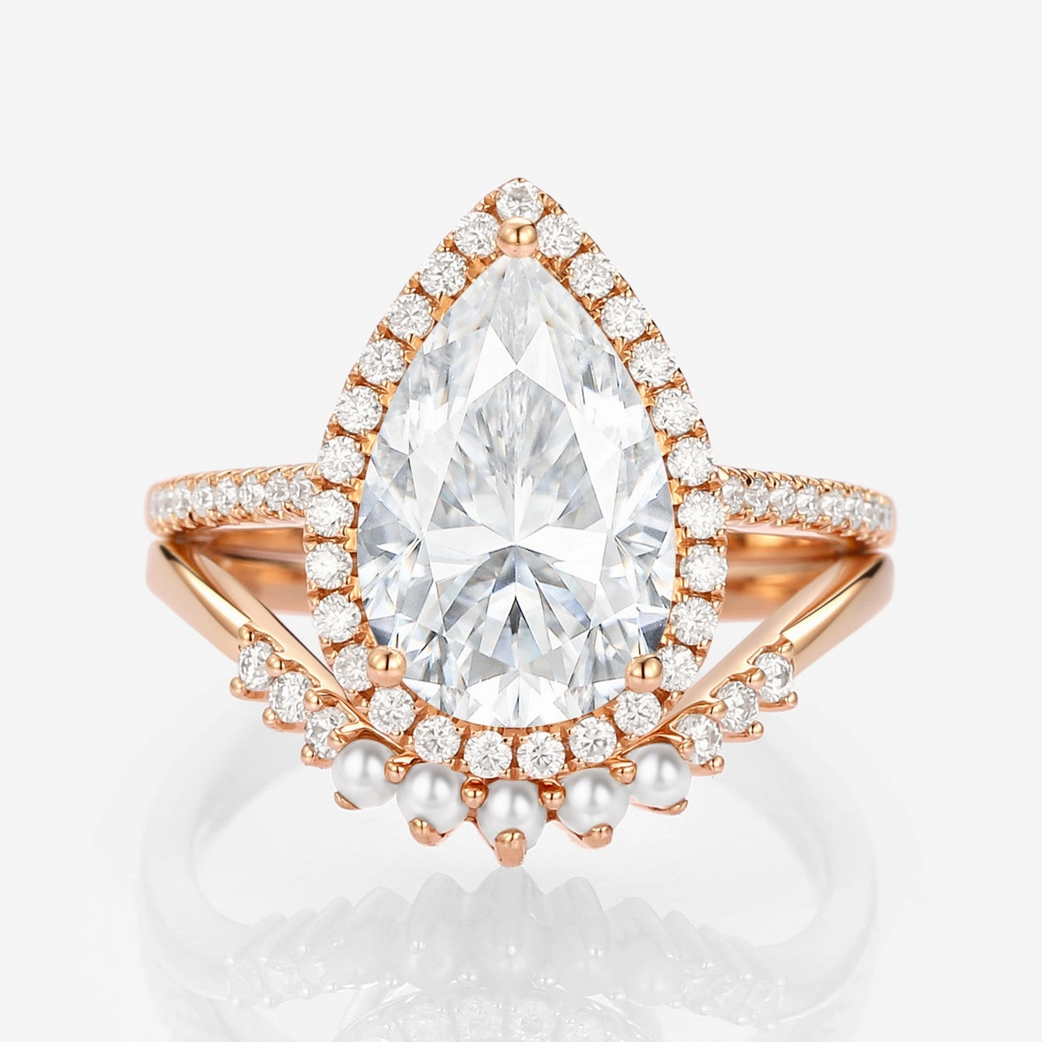 4.0ct Pear Moissanite & Pearl Classic Halo Ring Set 2pcs - Verena Fantastic Expression Cold resistant