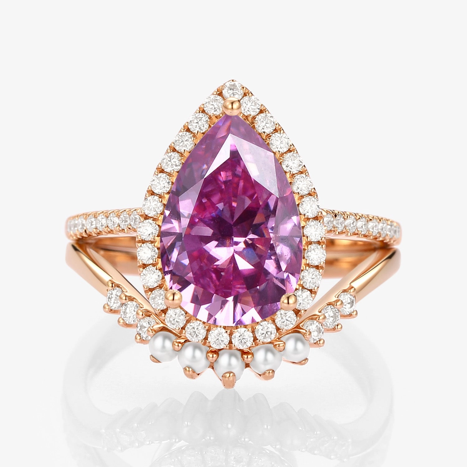 4.0ct Pear Moissanite & Pearl Classic Halo Ring Set 2pcs - Verena Graceful Vibe