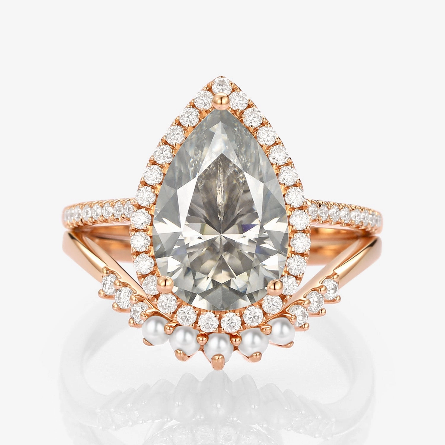 Gleaming Feature 4.0ct Pear Moissanite & Pearl Classic Halo Ring Set 2pcs - Verena
