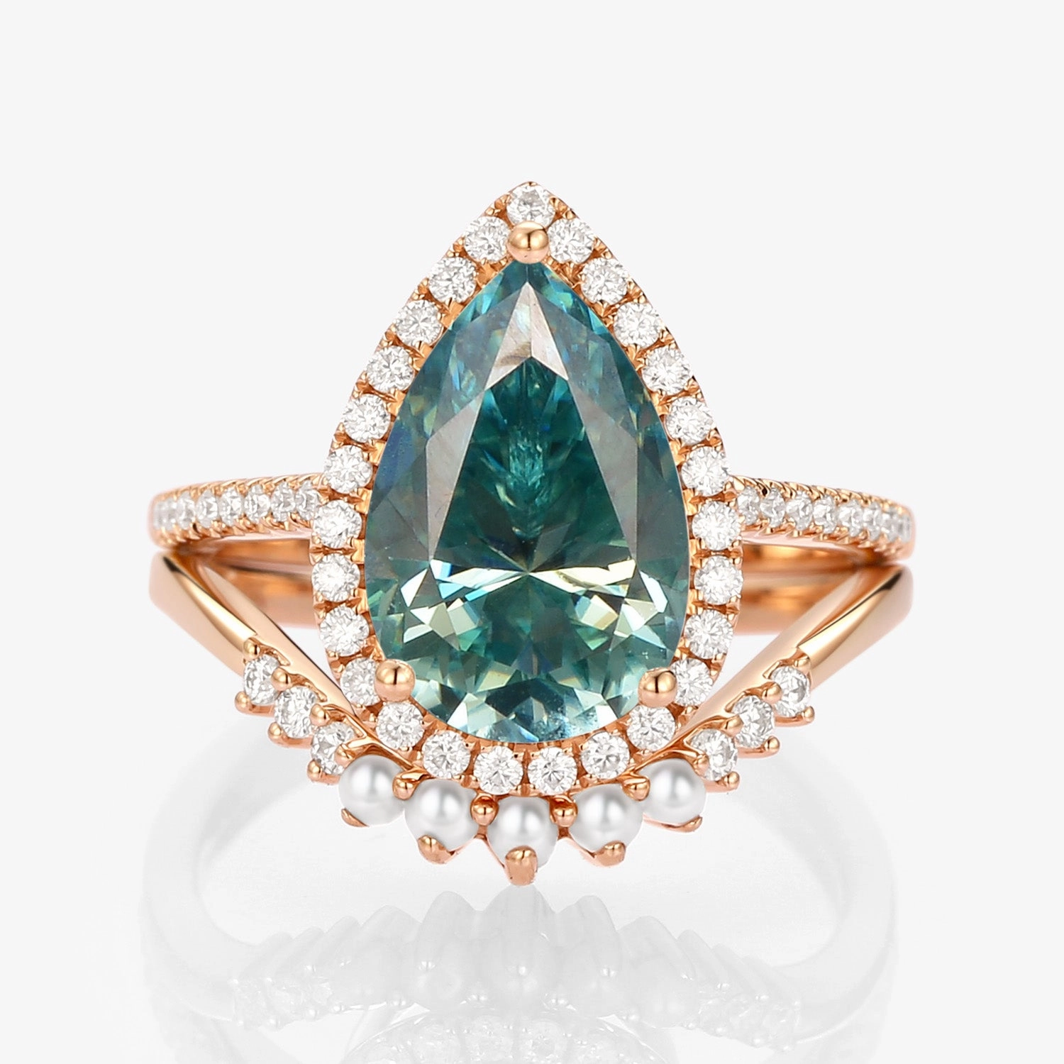 Work Friendly Luxury Pieces 4.0ct Pear Moissanite & Pearl Classic Halo Ring Set 2pcs - Verena