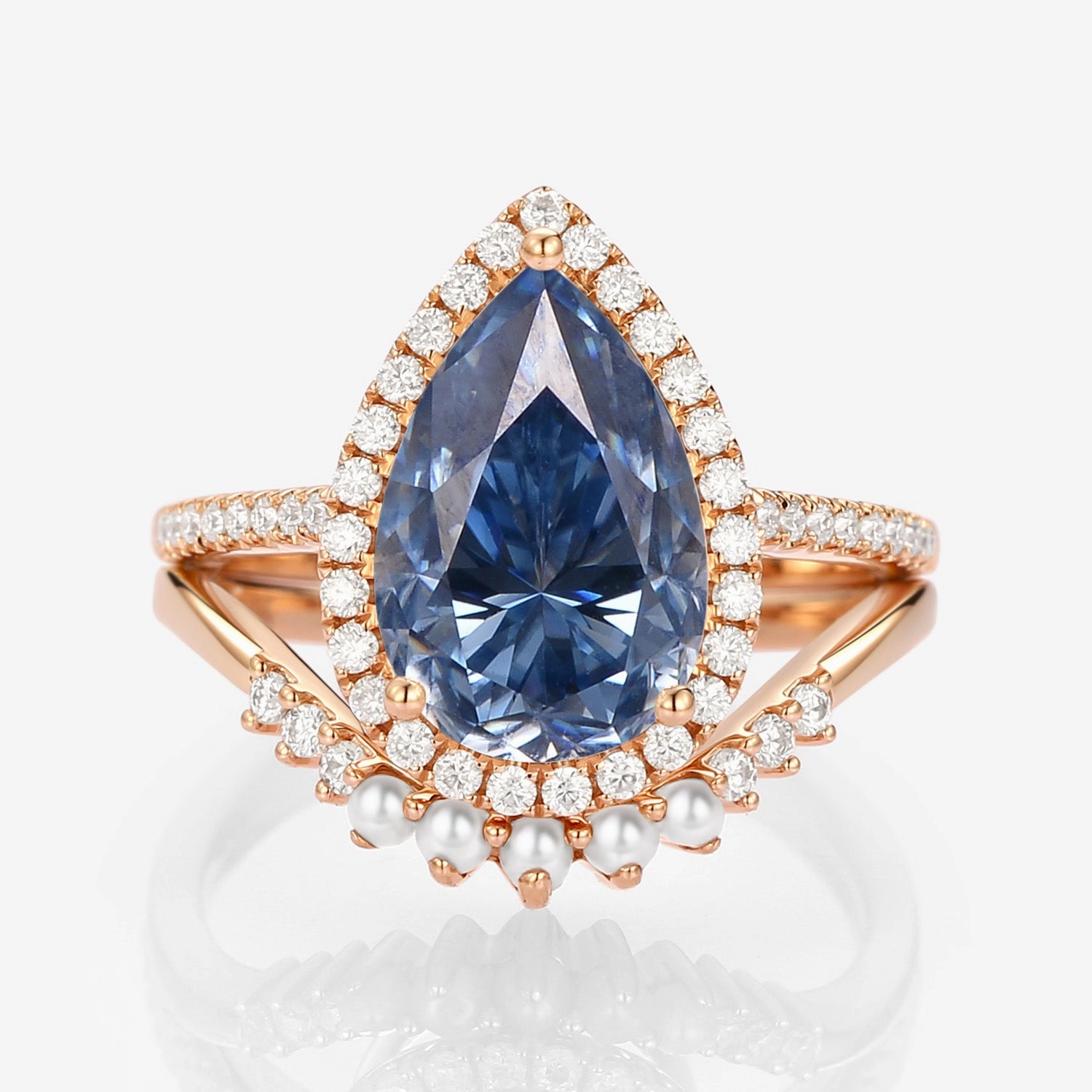 Brilliant Statement Secure Closure 4.0ct Pear Moissanite & Pearl Classic Halo Ring Set 2pcs - Verena