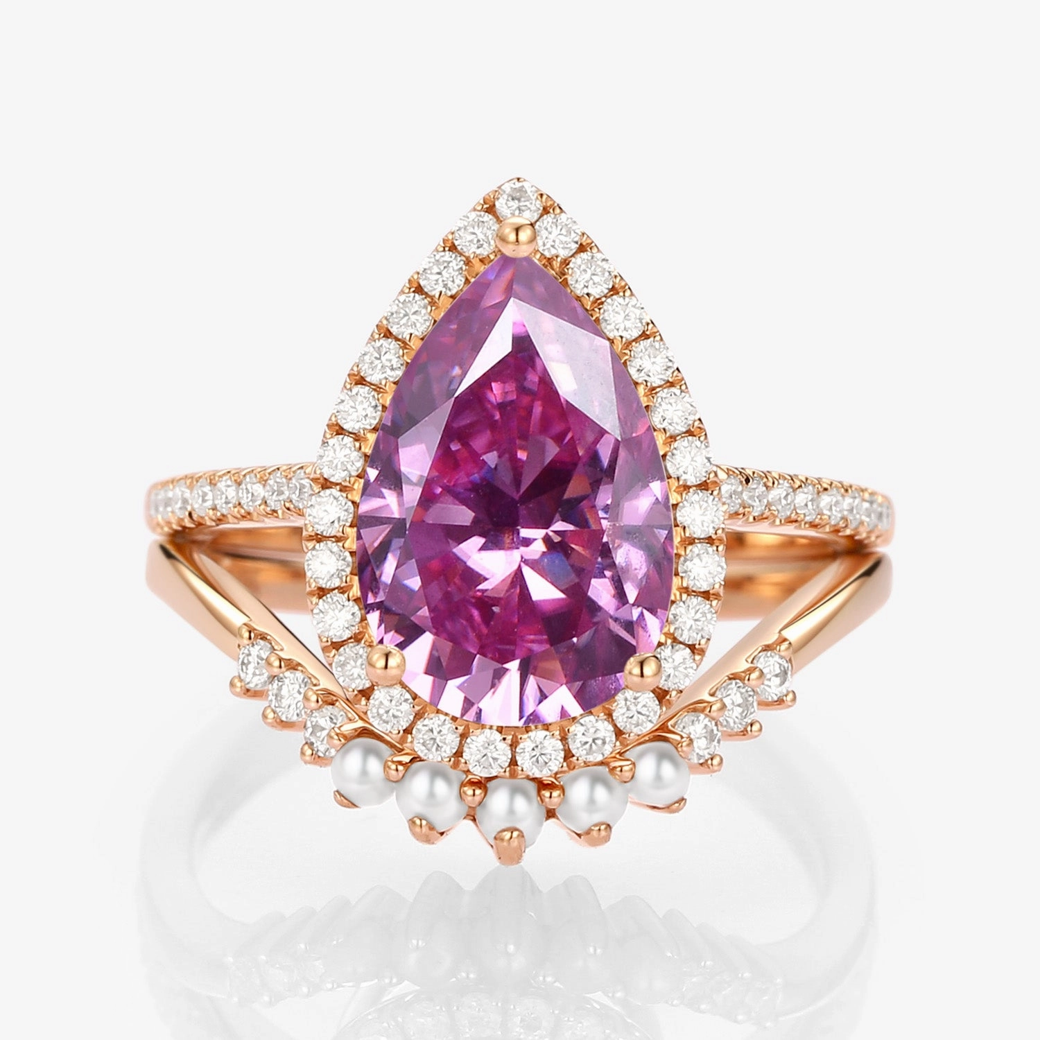 4.0ct Pear Moissanite & Pearl Classic Halo Ring Set 2pcs - Verena Graceful Twist Alluring Edge