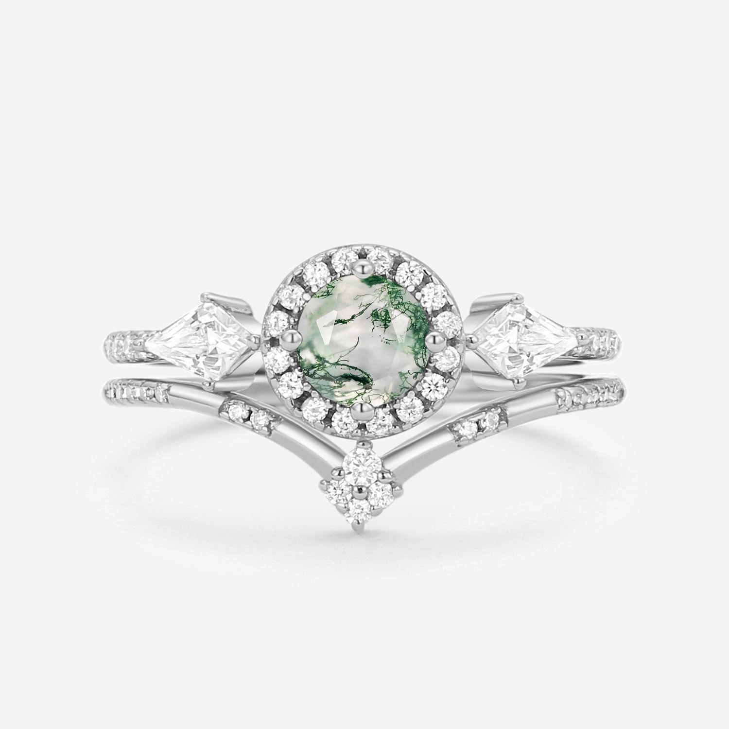 Strong Craft Everyday Favorite Round Shaped Moss Agate Halo Engagement Ring Sets 2pcs